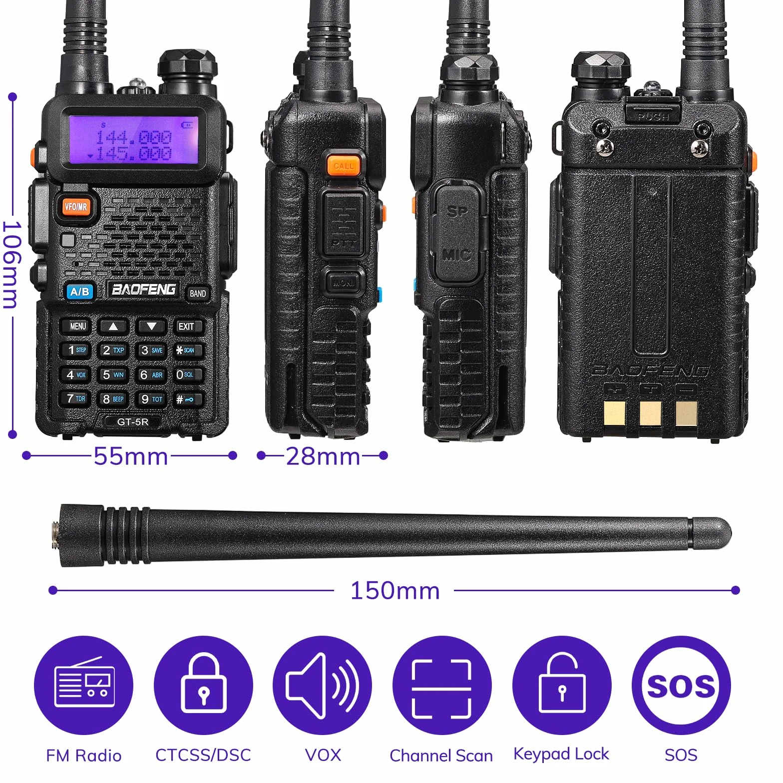 BAOFENG GT-5R Walkie Talkie, Dwuzakresowe Radio dla 144-146/430-440 MHz, Daleki Zasięg ze 128 Kanałami, Bateria 1800 mAh, Słuchawki, Kabel do Programowania na Kemping, Obsługiwany Przez Chirp, 2 szt