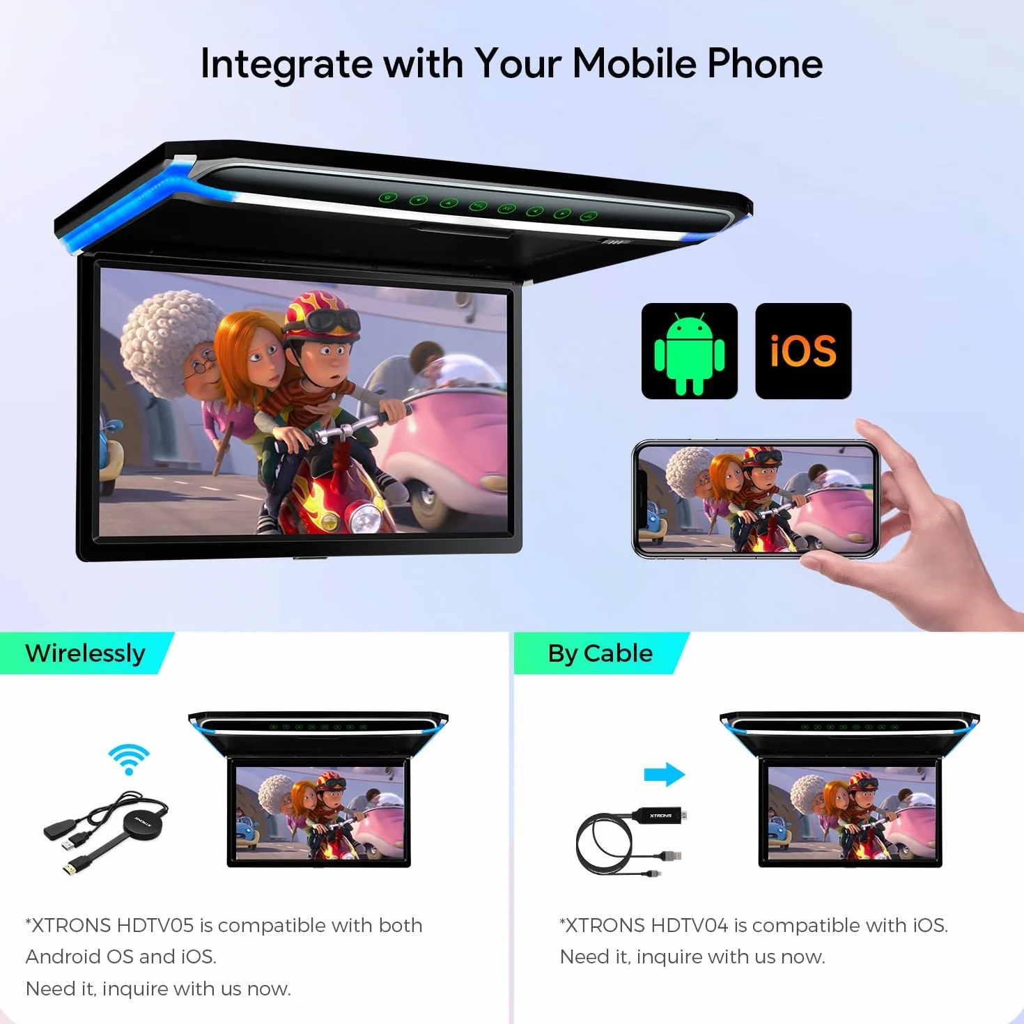 XTRONS 17,3-calowy cyfrowy ekran TFT FHD 1080P samochodowy odtwarzacz sufitowy z HDMI SD USB Infrared FM