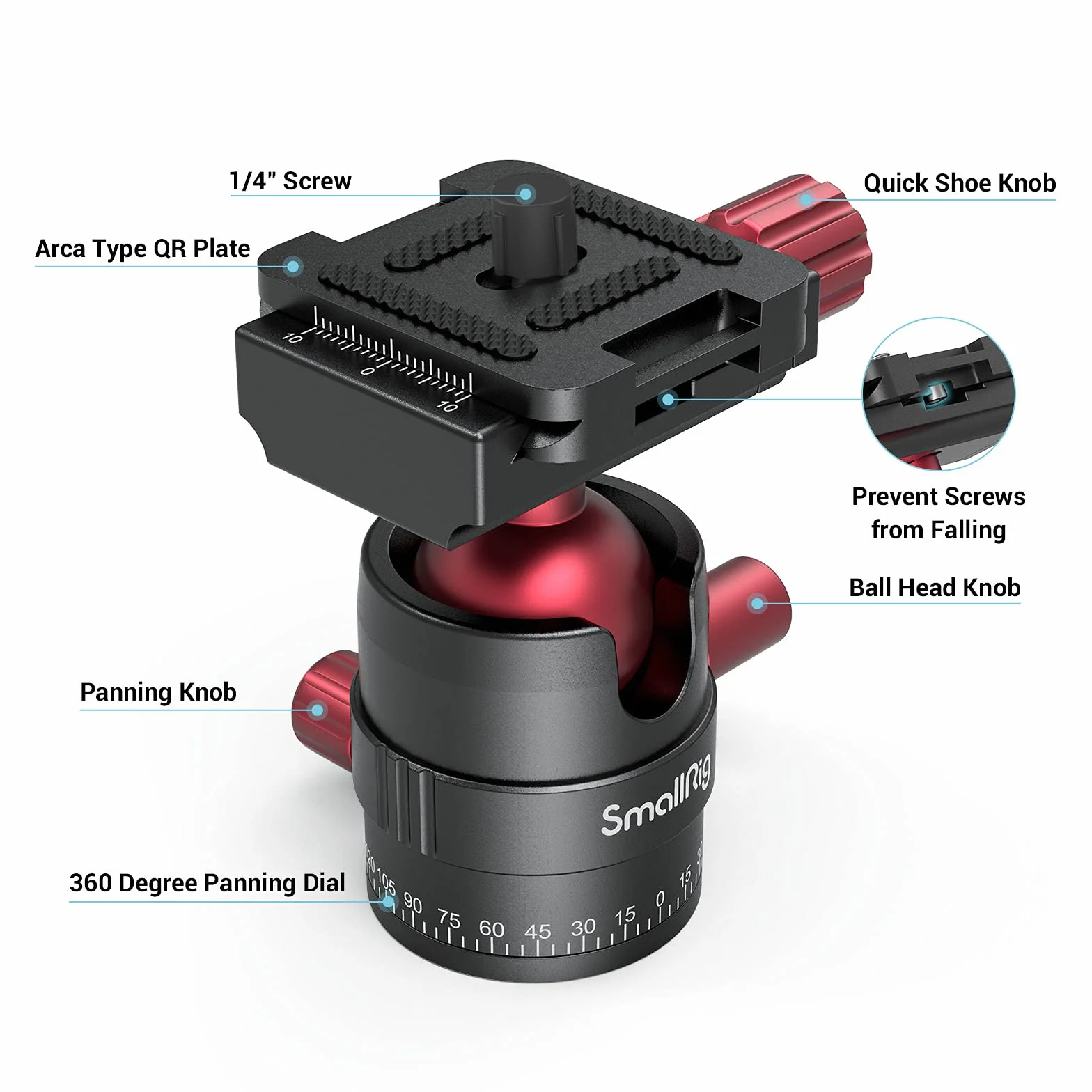 SMALLRIG Głowica kulowa 360° z mocowaniem śrubowym 1/4 cala, aluminiowa mini głowica statywu, udźwig 8 kg, do Canon/do Sony/do Nikon/do Panasonic/DSLR//smartfonów - 3034
