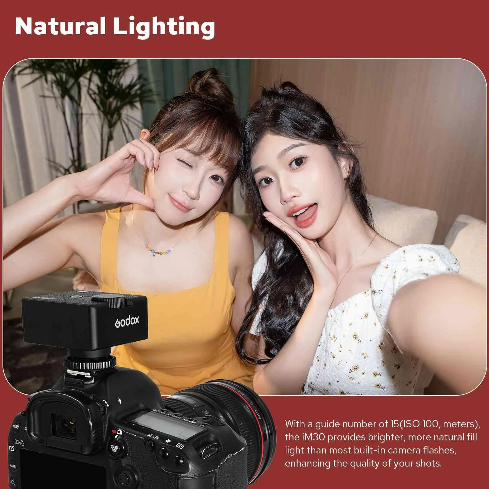 Godox Lampa błyskowa aparatu iM30, GN15 z 7 poziomami mocy lampy błyskowej, CCT 6500K ± 200 K ze sterowaniem optycznym S1/S2 do aparatów Canon/Sony/Fuji/Nikon/Panasonic/Olympus, do aparatów z