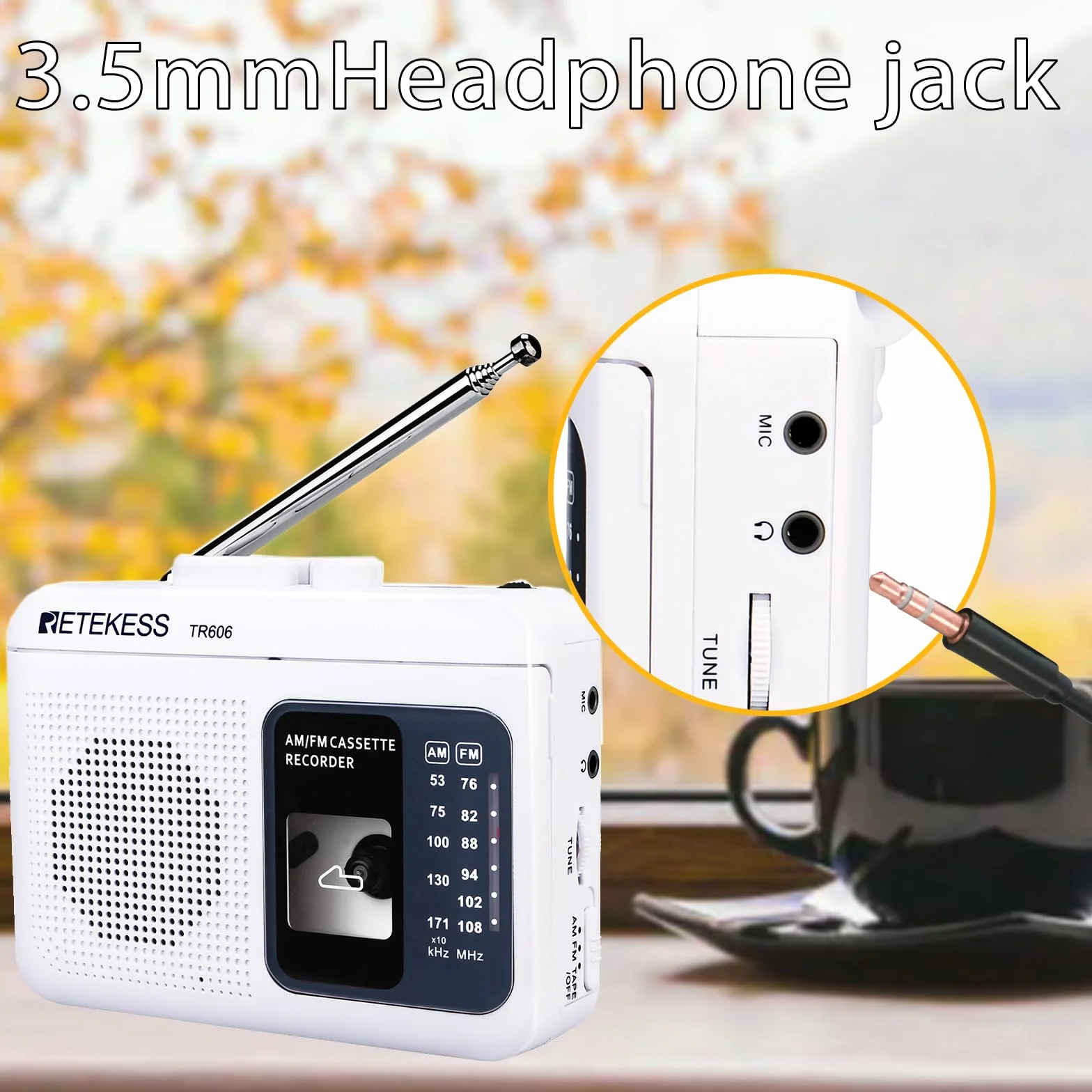 Retekess TR606 Przenośny Odtwarzacz Kaset Magnetofon Radio FM AM Gniazdo Słuchawkowe 3,5 mm Szybkie Przewijanie Biały