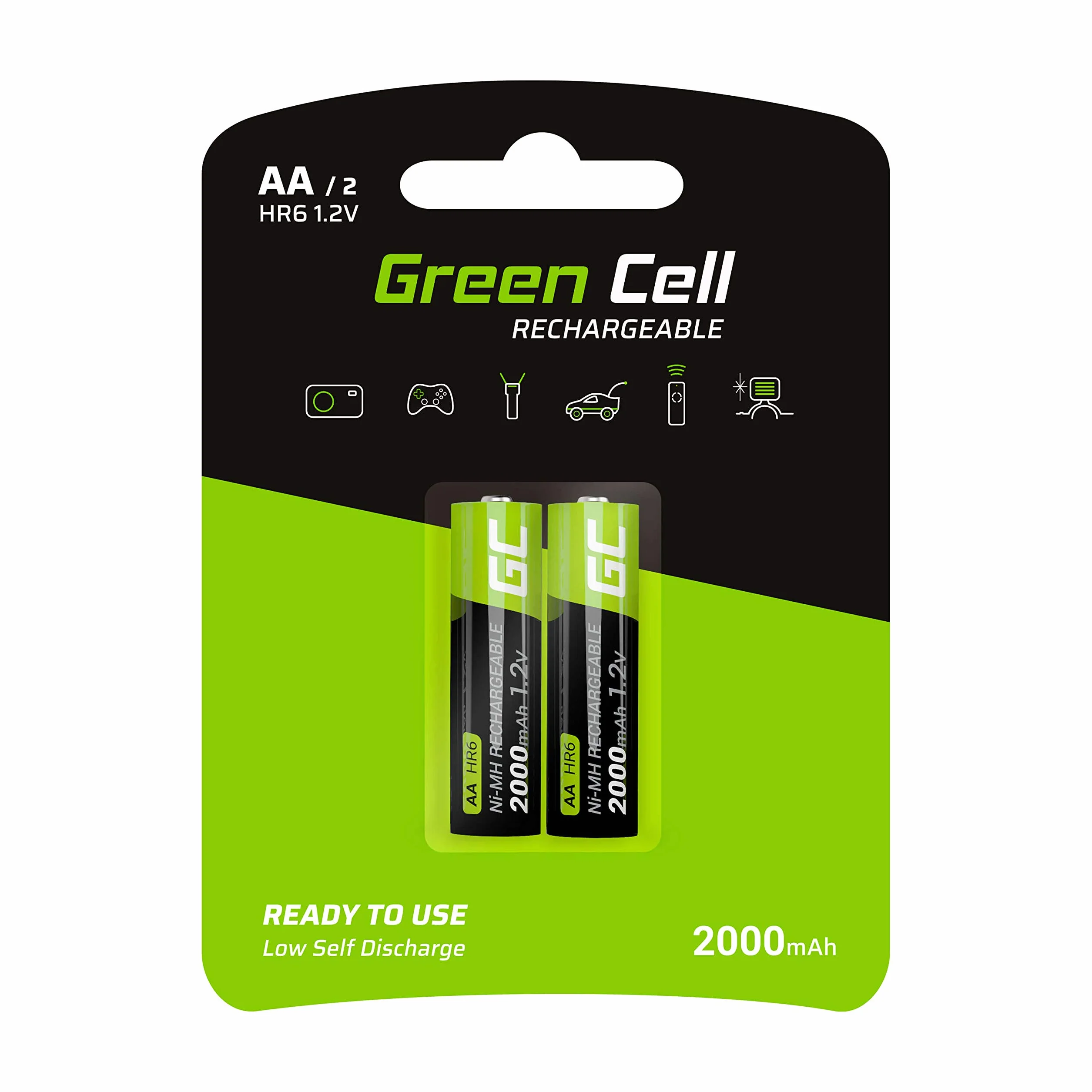 Green Cell 2x Akumulatory Paluszki AA R6 2000mAh Ni-MH – wysokiej jakości akumulatory niklowo-metalowo-wodorowe, ładowalne, trwałe i kompatybilne ze wszystkimi ładowarkami do AA