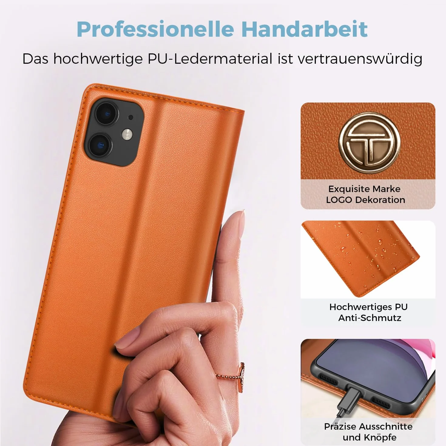 Thorhülle Etui na telefon komórkowy iPhone 11, wysokiej jakości, skórzane, etui ochronne do iPhone 11, etui z przegródką na karty, funkcja stojaka, składane etui z klapką do iPhone 11, pomarańczowe