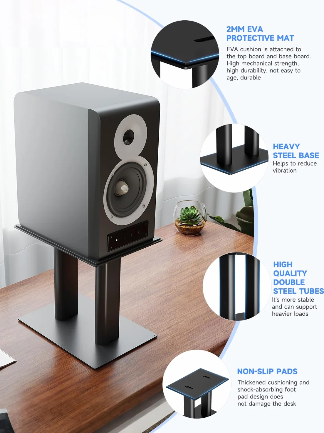 suptek Statyw pod głośnik biurkowy 350 x 250 mm, zestaw 2 podstawek pod głośniki komputerowe, wysokość 307 mm, solidna podstawa do monitorów, do studia, gier, kina domowego, czarny, SDM003XLB
