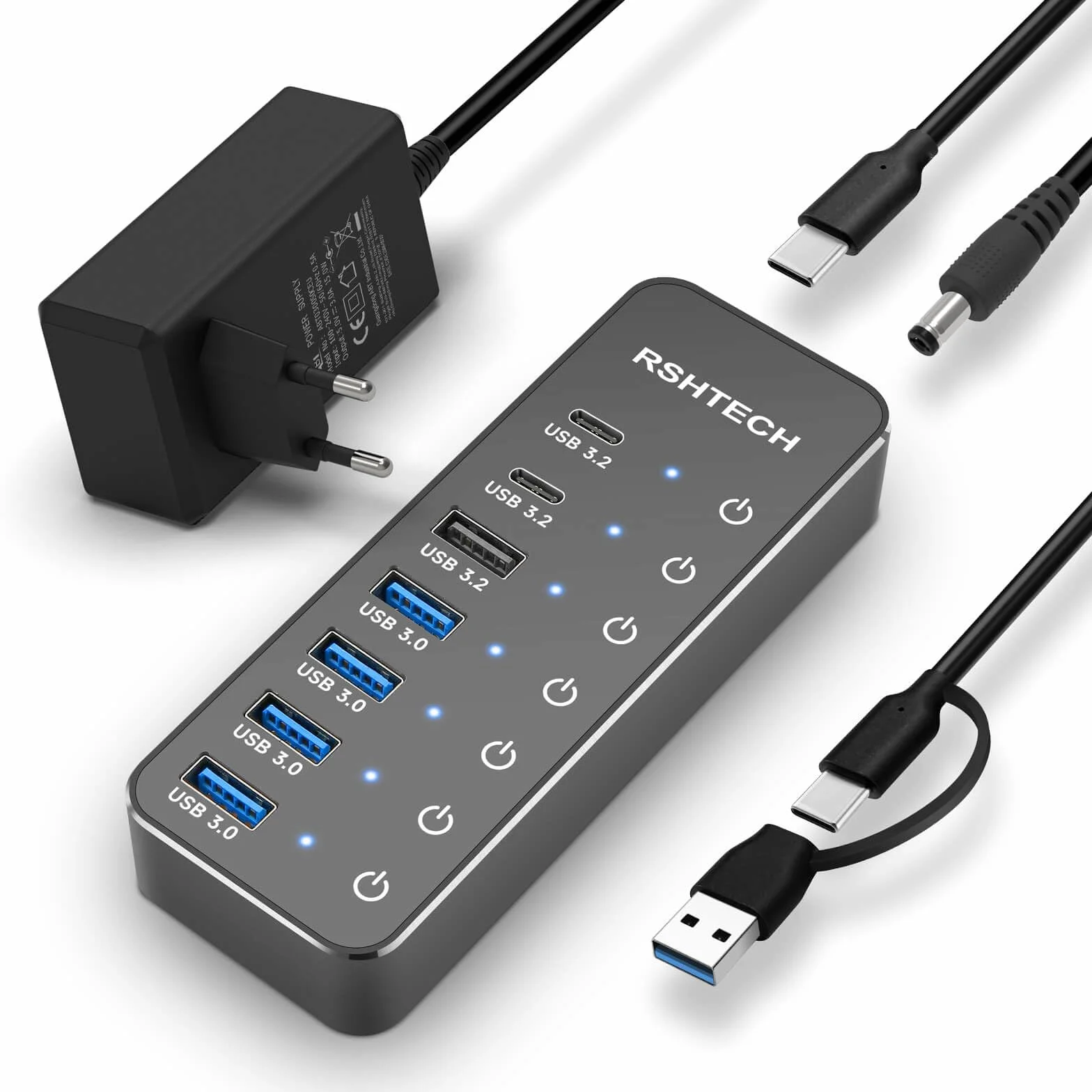 USB C 3.2 Hub Aktywny z zasilaczem, RSHTECH 7-portowy USB 3.1 Gen2 Hub z 3 * 10Gbps portami danych (Typ-A, 2 * Typ-C), 4 * portami Typ-A 3.0 5Gbps, przełącznik dotykowy, kabel danych 2-w-1 (100cm