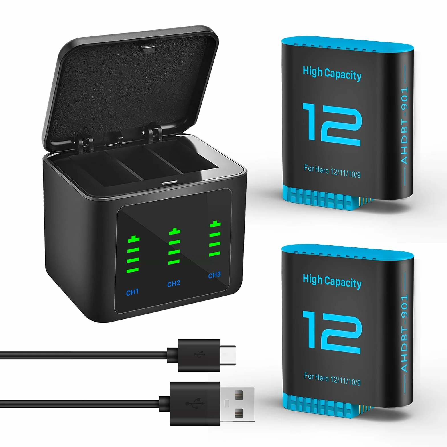 Hero12 zestaw 2 ładowarek akumulatorowych 2580 mAh, akumulator zamienny typu C, LED, trójkanałowa stacja ładująca do GoPro Hero 12 11 10 9 Black (ładowarka + 2 baterie)