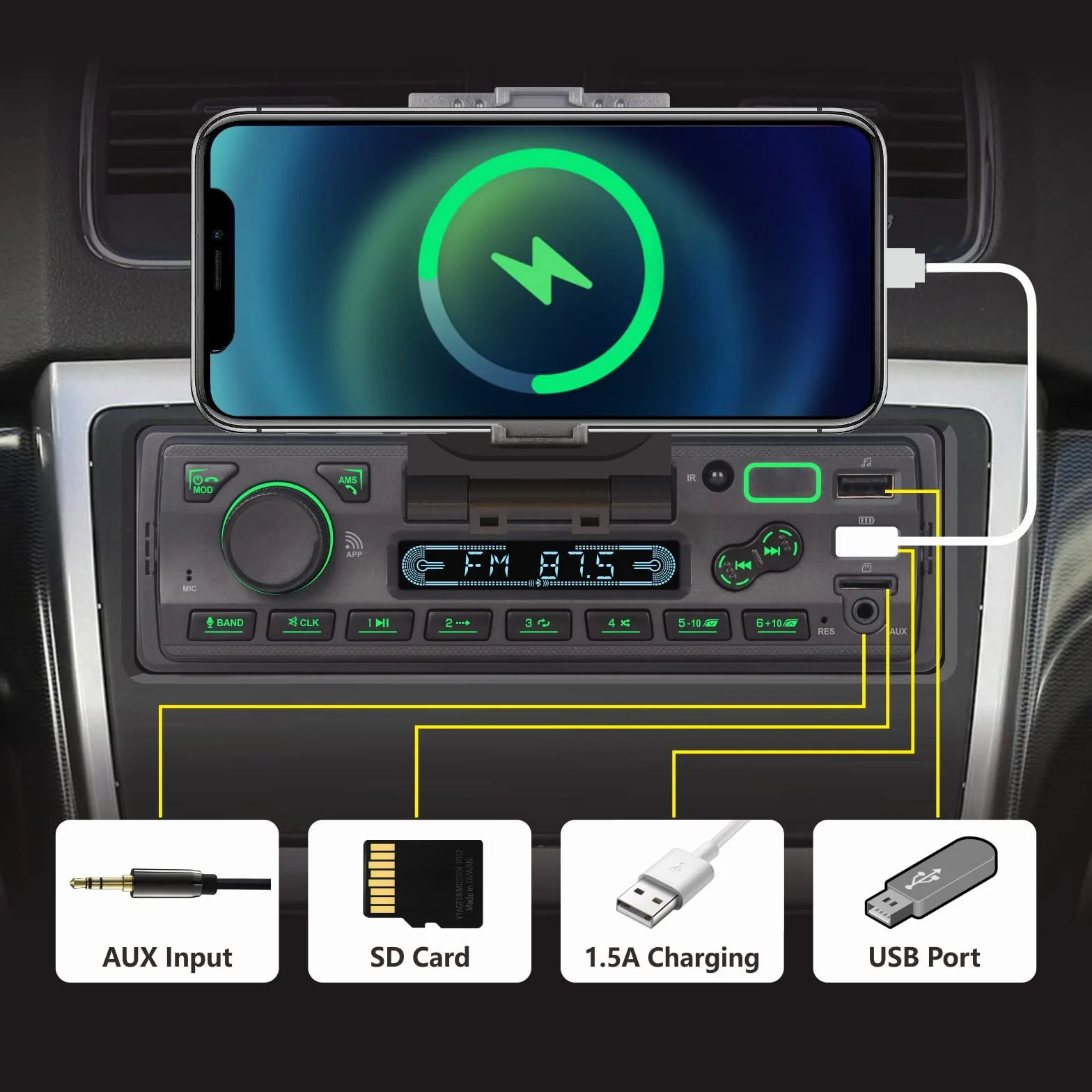 Samochód stereo z singlem Bluetooth Single Din with App Control MP3 Odtwarzacz obsługuje połączenia bezpłatne/USB/FM/AM/TF/Aux-in/EQ, odbiorniki radiowe samochodowe z uchwytem telefonu Zewnętrzne mikrofon SWC