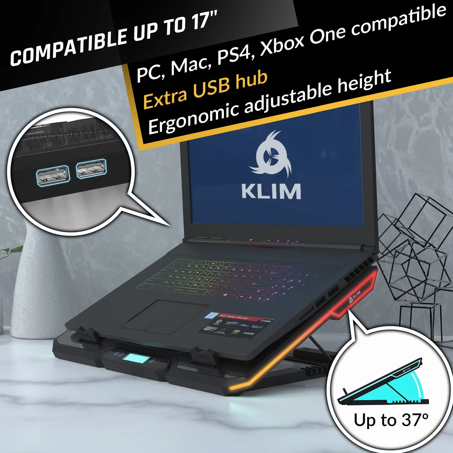 KLIM Glacier stojak chłodzący do laptopa z 6 wentylatorami, nowy 2023 - z podświetleniem RGB - 11-17,3 cala - podkładka chłodząca do laptopa do gier, stabilna i cicha, zasilana przez USB podkładka