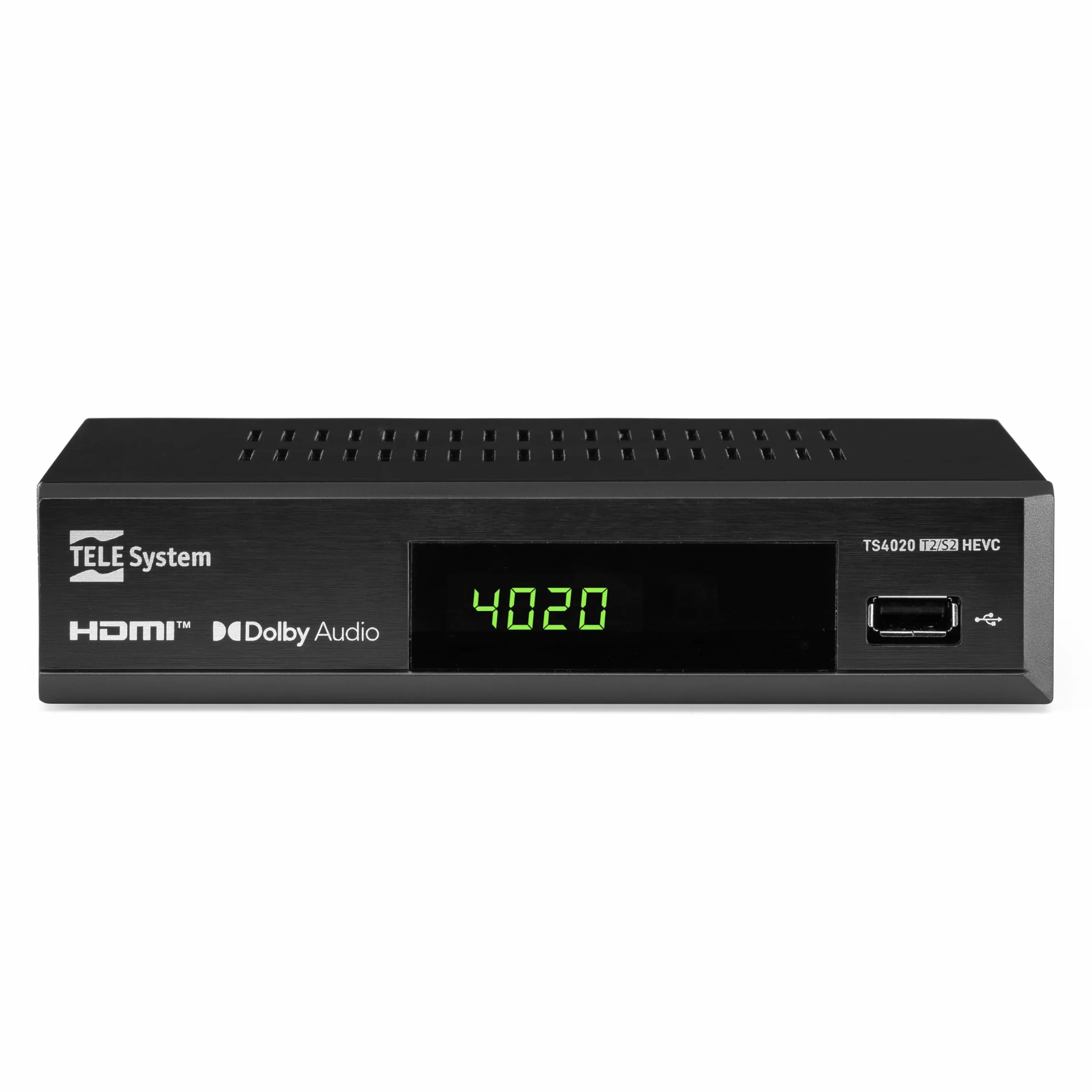 TELE System TS4020 Dekoder z podwójnym tunerem DVB-T/T2 i DVB-S/S2 HEVC HD HDR10 HLG. Dostęp do niekodowanej telewizji naziemnej i satelitarnej oraz radia.