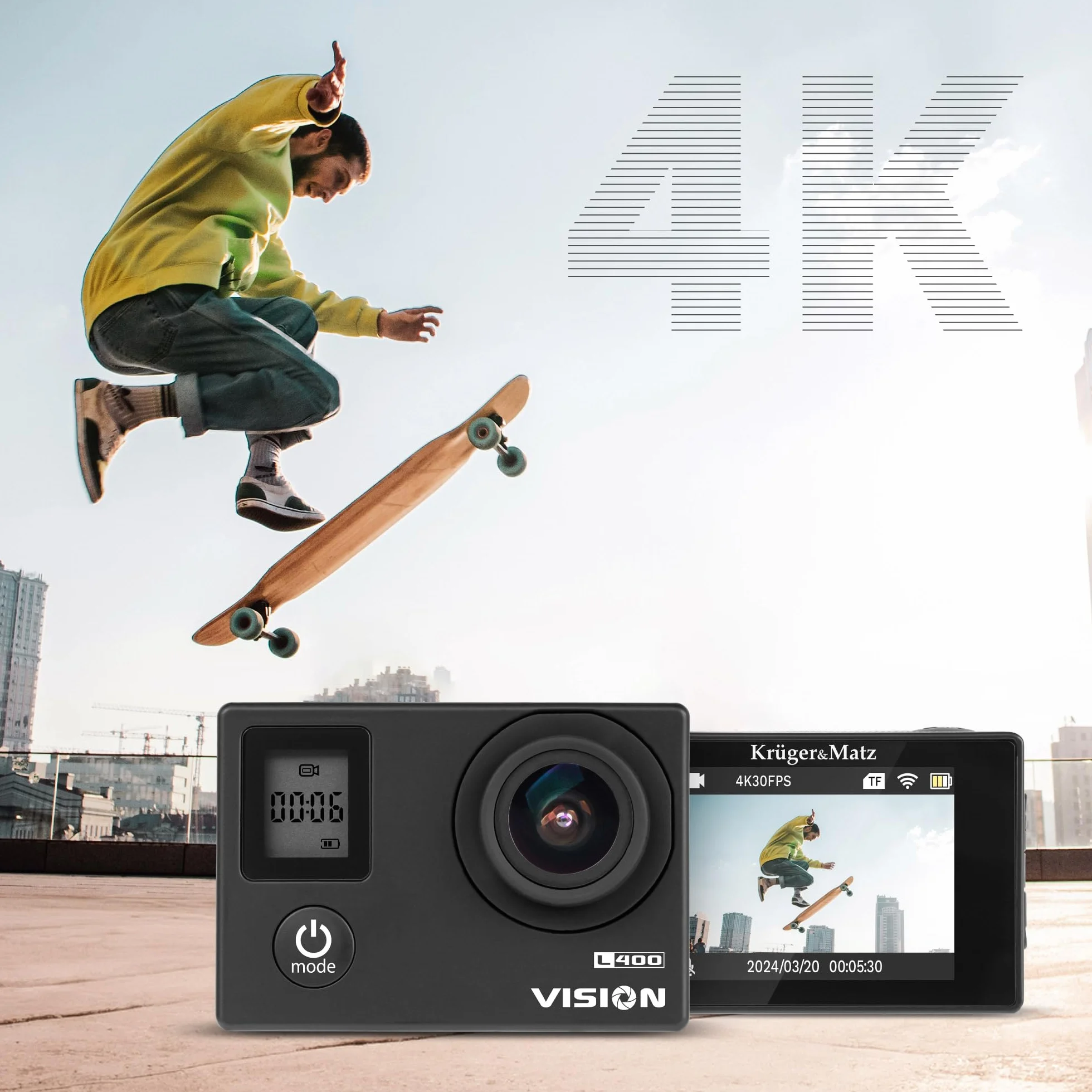 Krüger&Matz Kamera Sportowa 4K 30 FPS Vision L400 1 GB RAM Wyświetlacz 2” 320 x 240 px Wi-Fi Mikrofon Wodoszczelna Obudowa Slow Motion KM0291