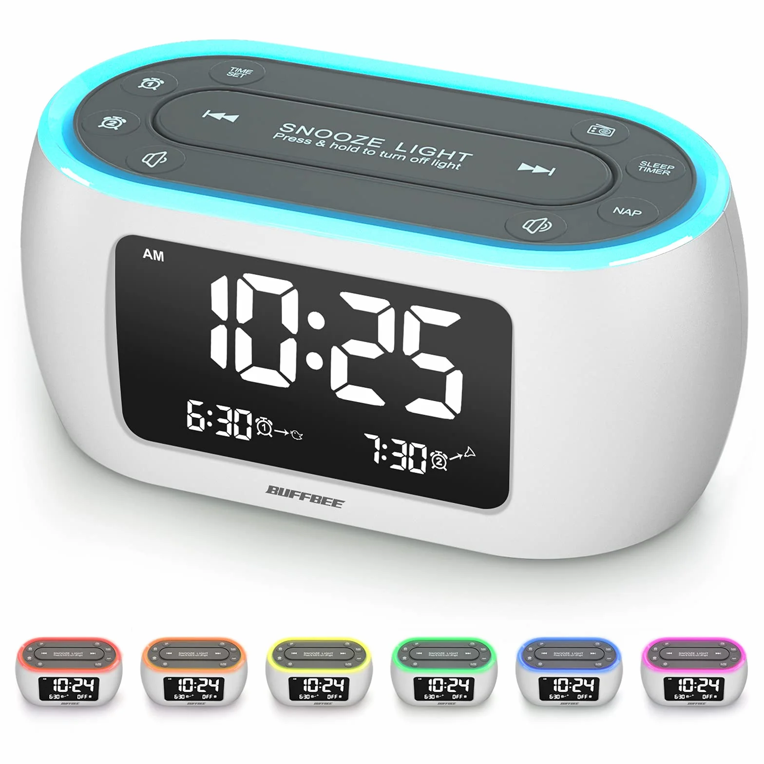 BUFFBEE Radiobudzik z 7-kolorowym światłem nocnym, podwójny alarm, funkcja drzemki, ściemniacz, ładowarka USB, nap-timer, cyfrowy budzik z radiem FM i automatycznym wyłączaniem, zasilanie sieciowe z