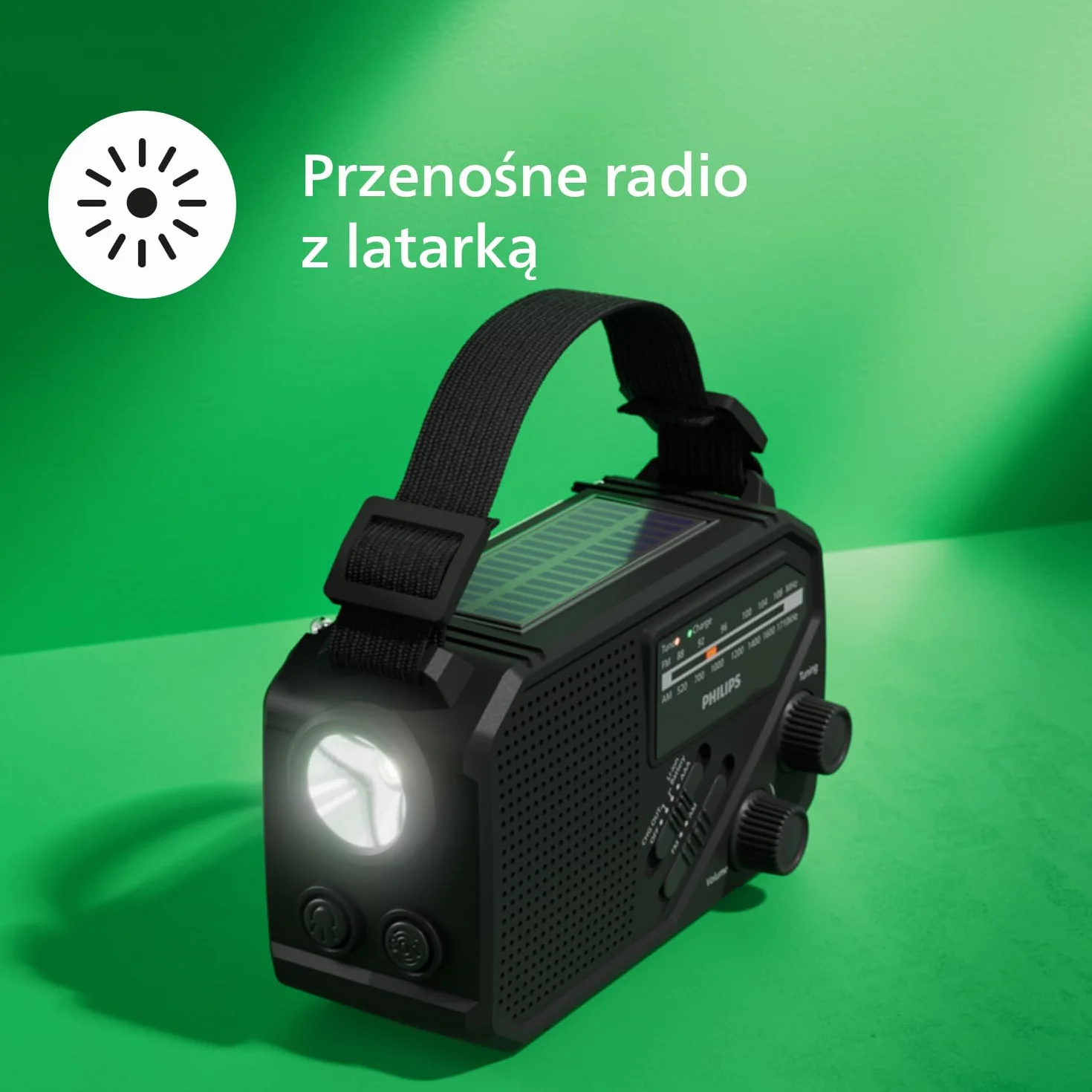 Philips TAR1659 Przenośne radio FM/AM z akumulatorem, korbą, lampą LED i latarką