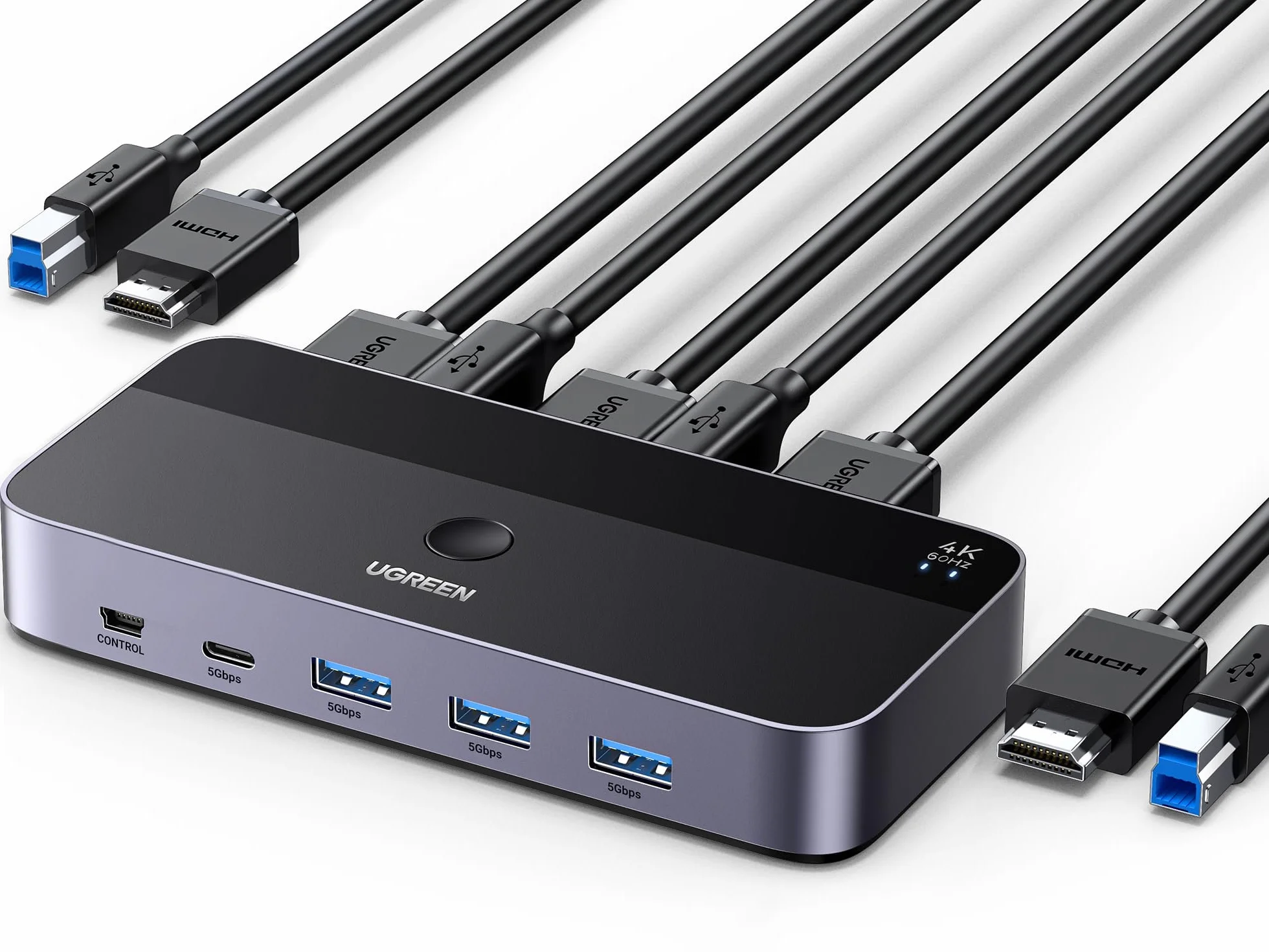 UGREEN HDMI 2.0 KVM Przełącznik 4K@60Hz USB 3.0 Przełącznik 4 porty USB (3*USB 3.0+USB C) Udostępnianie 1 Monitora i Klawiatury, Myszy, Drukarki, Dysku U na 2 PC z 2 USB kablami i 2 HDMI kablami.