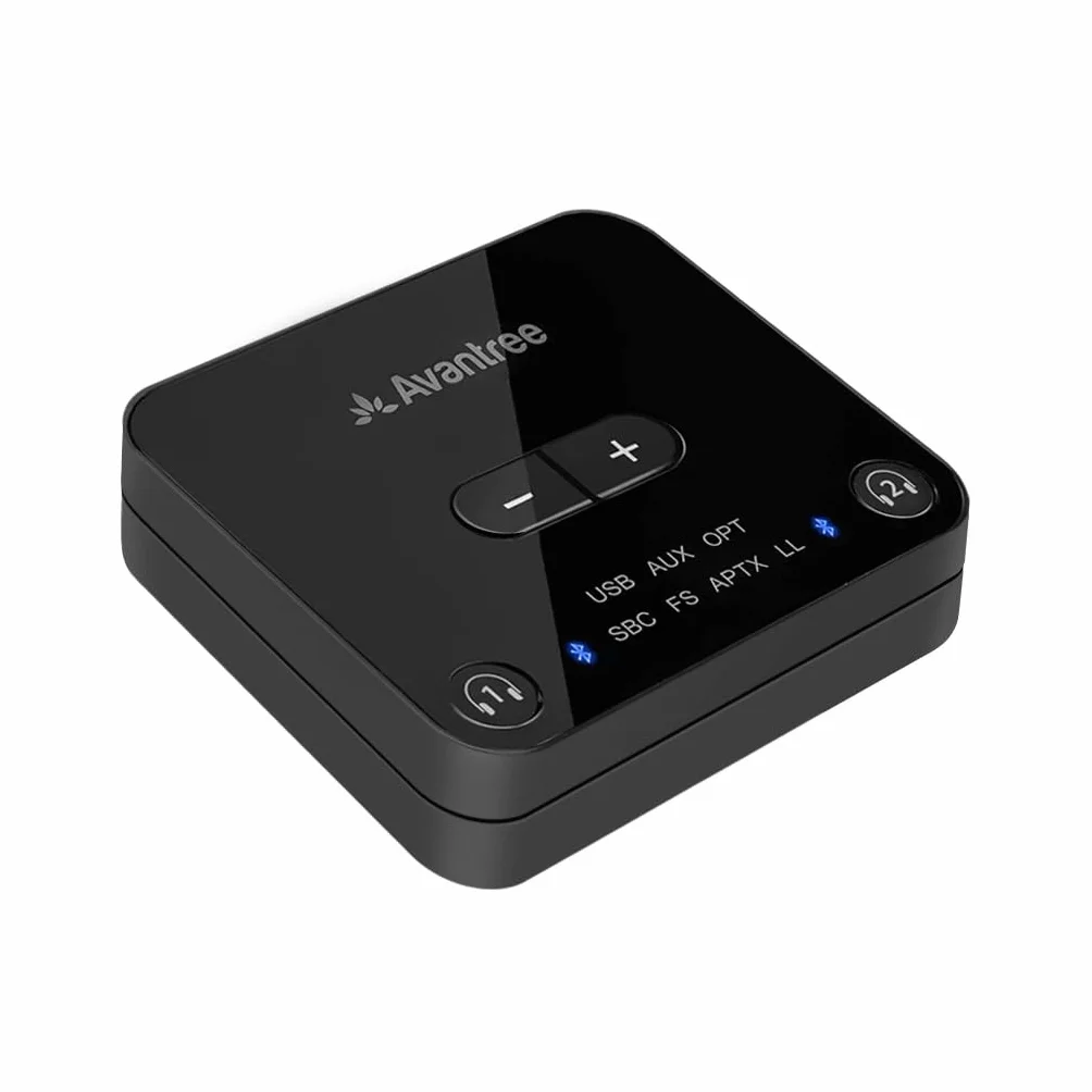 Avantree Audikast Plus - nadajnik audio Bluetooth 5.3 do telewizora ze zwiększoną głośnością optyczną, niskim opóźnieniem i adaptacją aptX, rozszerzonym zasięgiem 30 metrów, podwójnym łączem