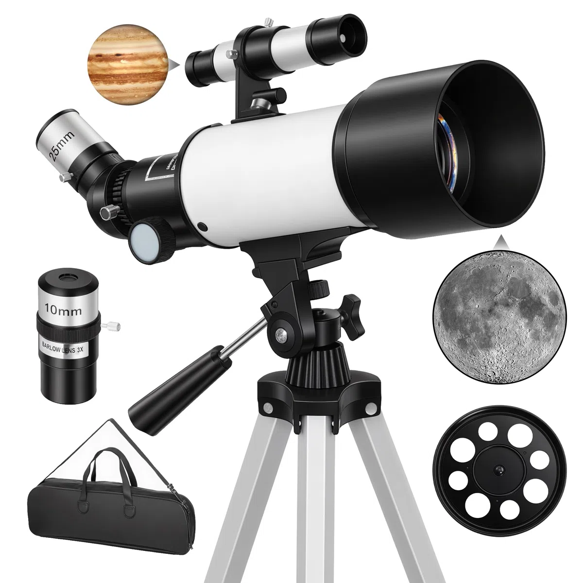 Outsunny Teleskop do astronomii, dla początkujących, dorosłych, 70 mm, Aperture 400 mm, AZ Mount, refraktor astronomiczny, teleskop dla początkujących, ze statywem, torbą, teleskopem podróżnym