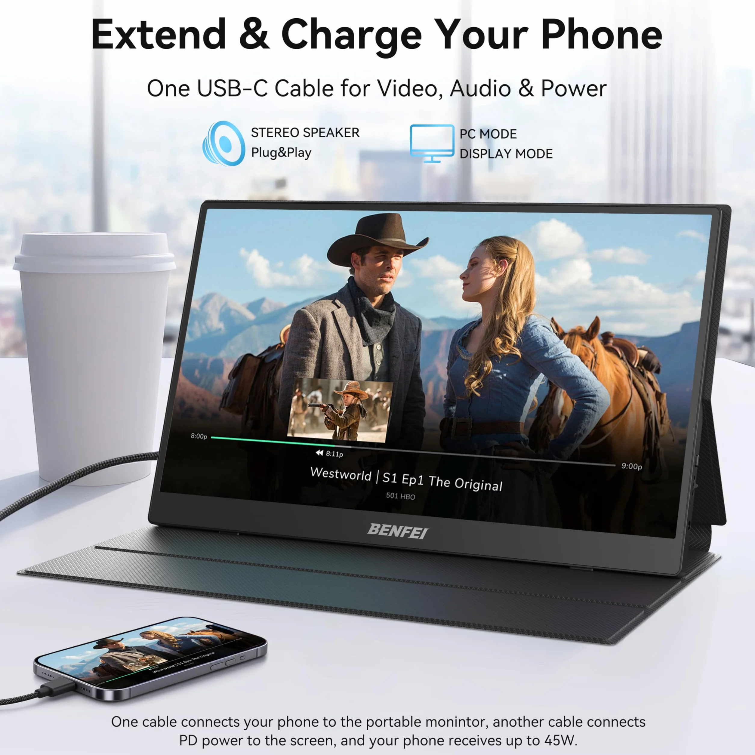 BENFEI Przenośny ekran 15,6" FHD 1080P HDMI/USB-C Ultra cienki IPS HDR, inteligentna obudowa + głośnik, Plug & Play do laptopów, komputerów, telefonów, tabletów, PS5/PS4, Xbox, przełączników
