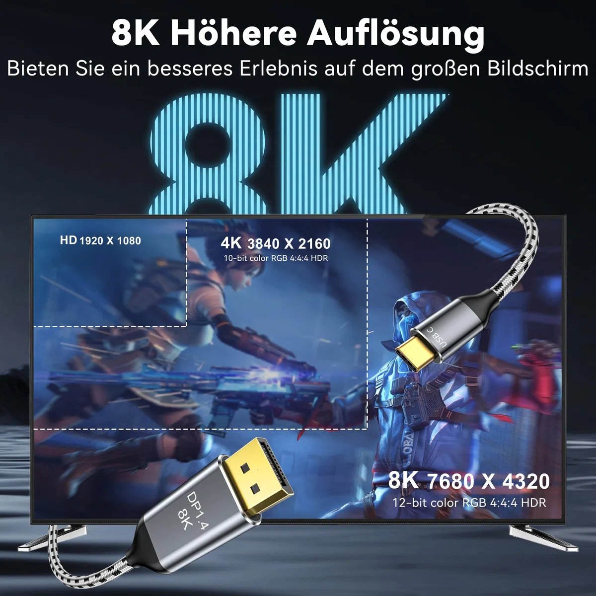 Kabel USB C do DisplayPort, 8K 60 Hz, 4K 240 Hz/144 Hz, HDR VRR, Thunderbolt 4 3, USB C na DisplayPort 1.4, kabel do iPhone 15, MacBook Pro Air M1, M2, iPad Pro Air 5, Surface Pro 8, Galaxy