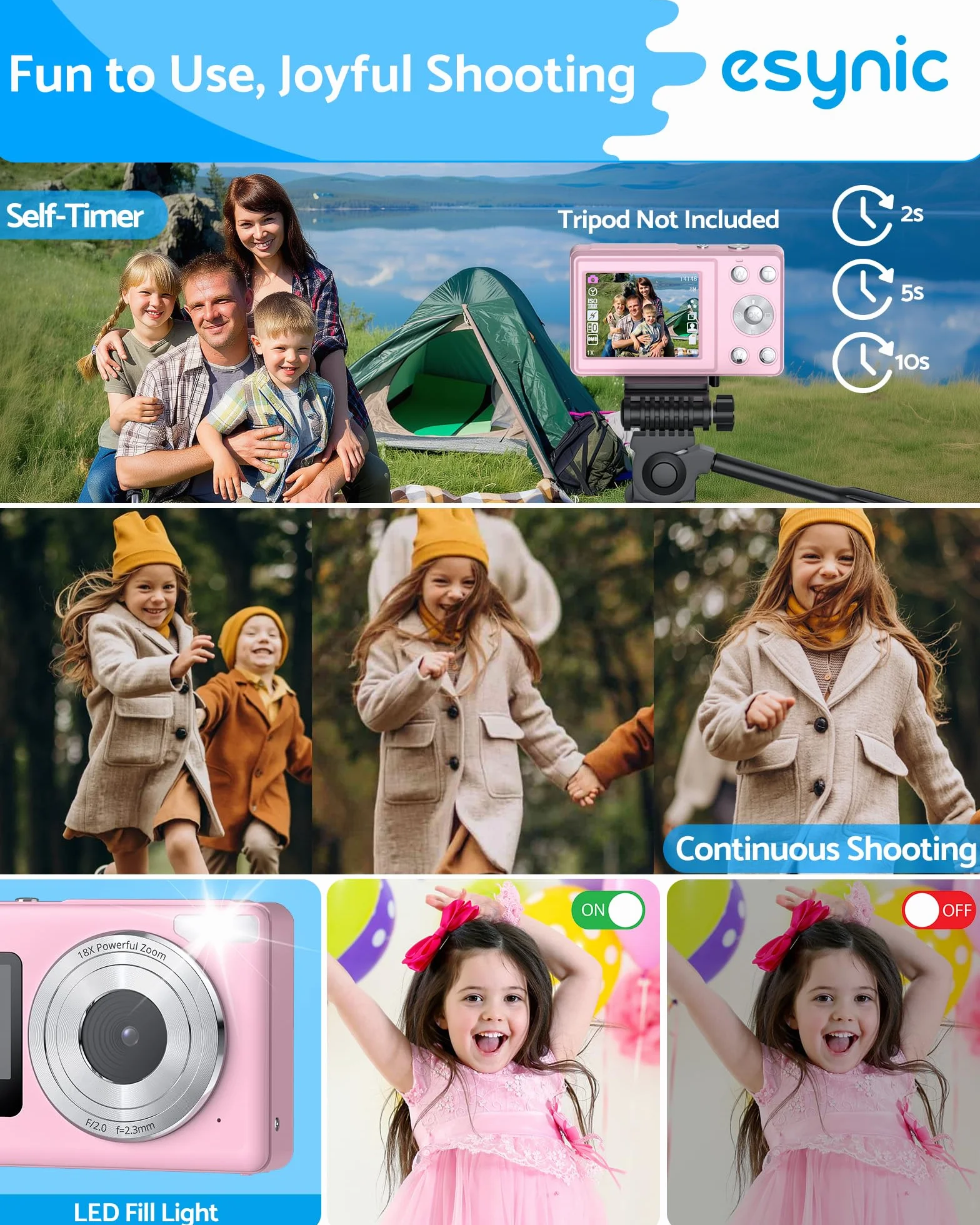 eSynic Kompaktowy aparat cyfrowy 4K 48 MP 18-krotny zoom autofokus karta SD 32 GB ekran do selfie