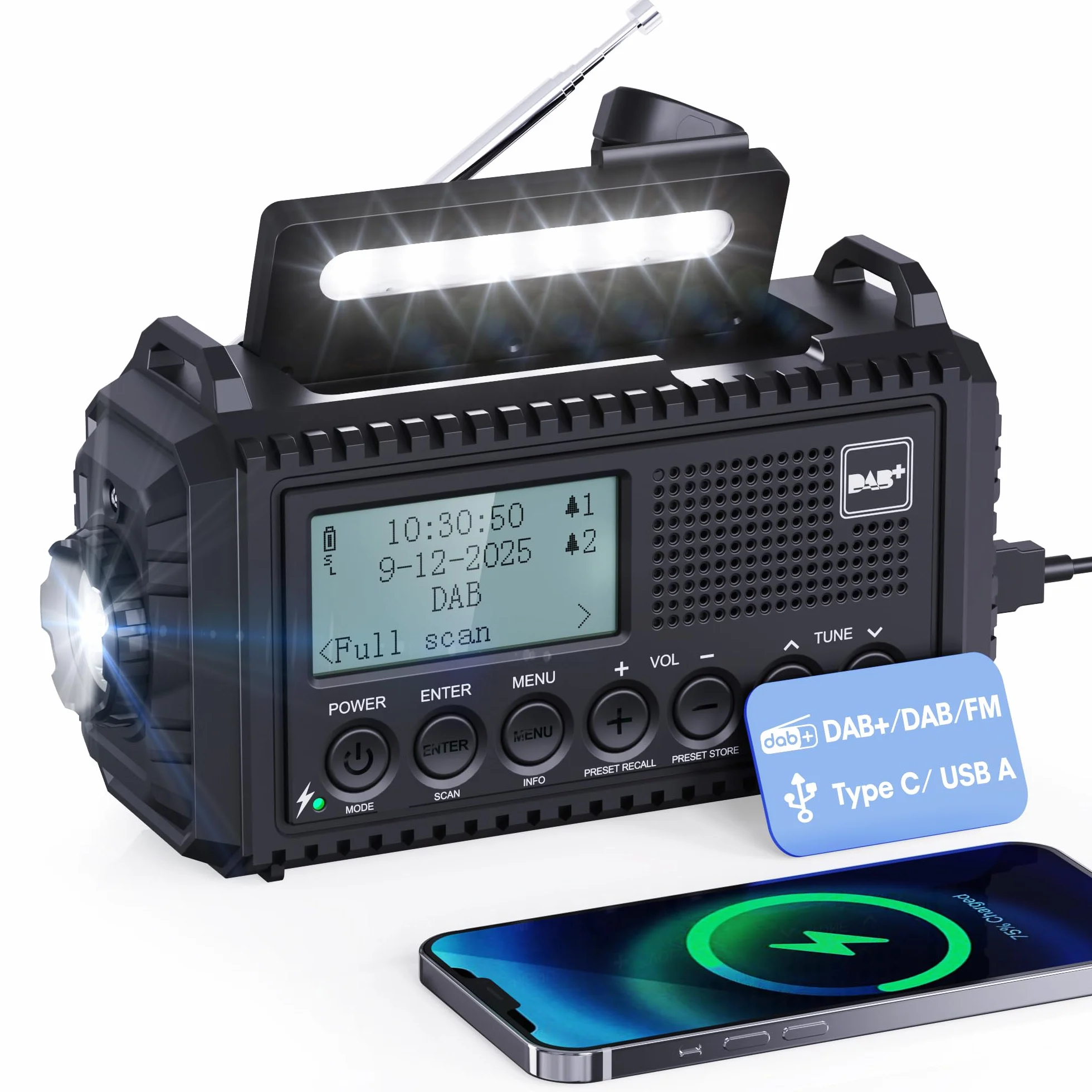 Dab Wind Up Radio, 5000 mAh, zasilane energią słoneczną, radio awaryjne z alarmem SOS, radio korbowe z ładowarką USB, przenośne radio Dab z latarką, gniazdem słuchawkowym i budzikiem, na kemping