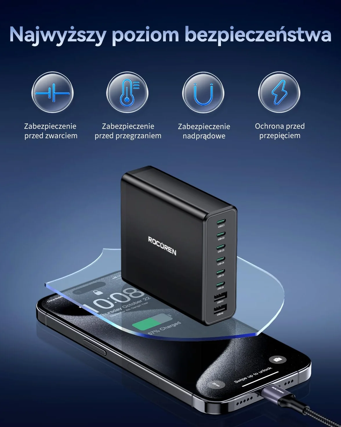 Rocoren Ładowarka USB 340W GaN 8 portów PD100W QC4.0 PPS do MacBook Pro iPad iPhone Samsung Galaxy