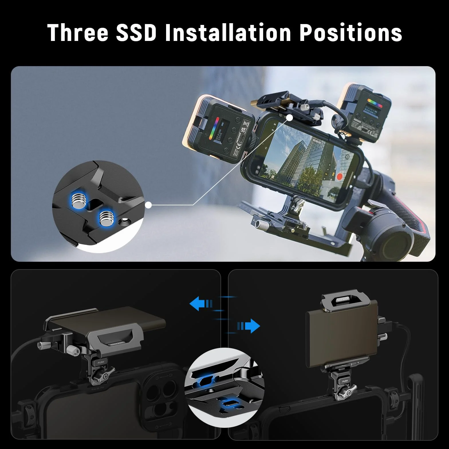 NEEWER Uchwyt SSD 40-65 mm Quick Release Kompatybilny z SmallRig dla 16 Pro Max 15 Pro Max Samsung S24 Ultra T9 T7 T5 SanDisk PA065