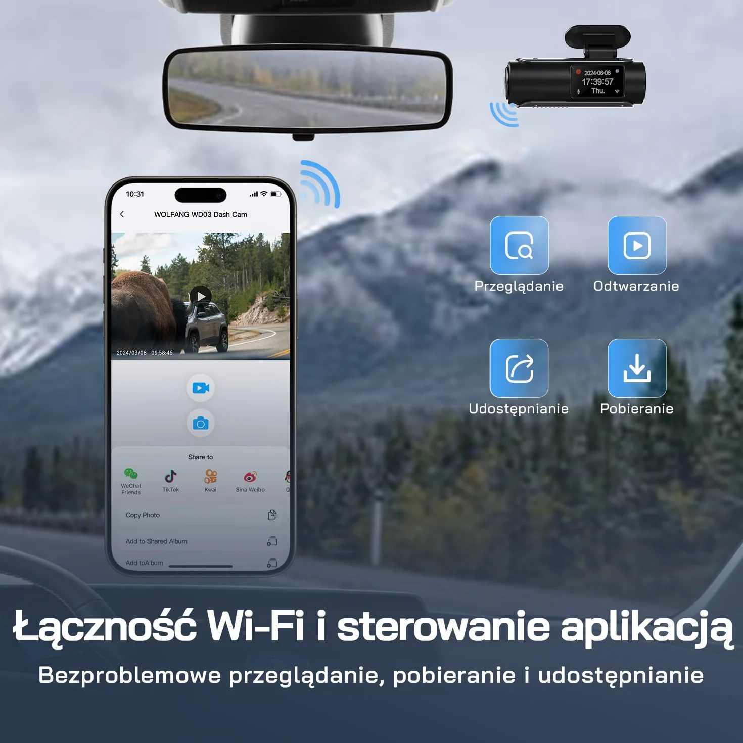 Kamera samochodowa WOLFANG 4K przednia i tylna kamera samochodowa Wi-Fi z kartą SD 32 GB, podwójna kamera samochodowa z noktowizorem, nagrywanie w pętli, czujnik G, szeroki kąt 170, osłona parkowania