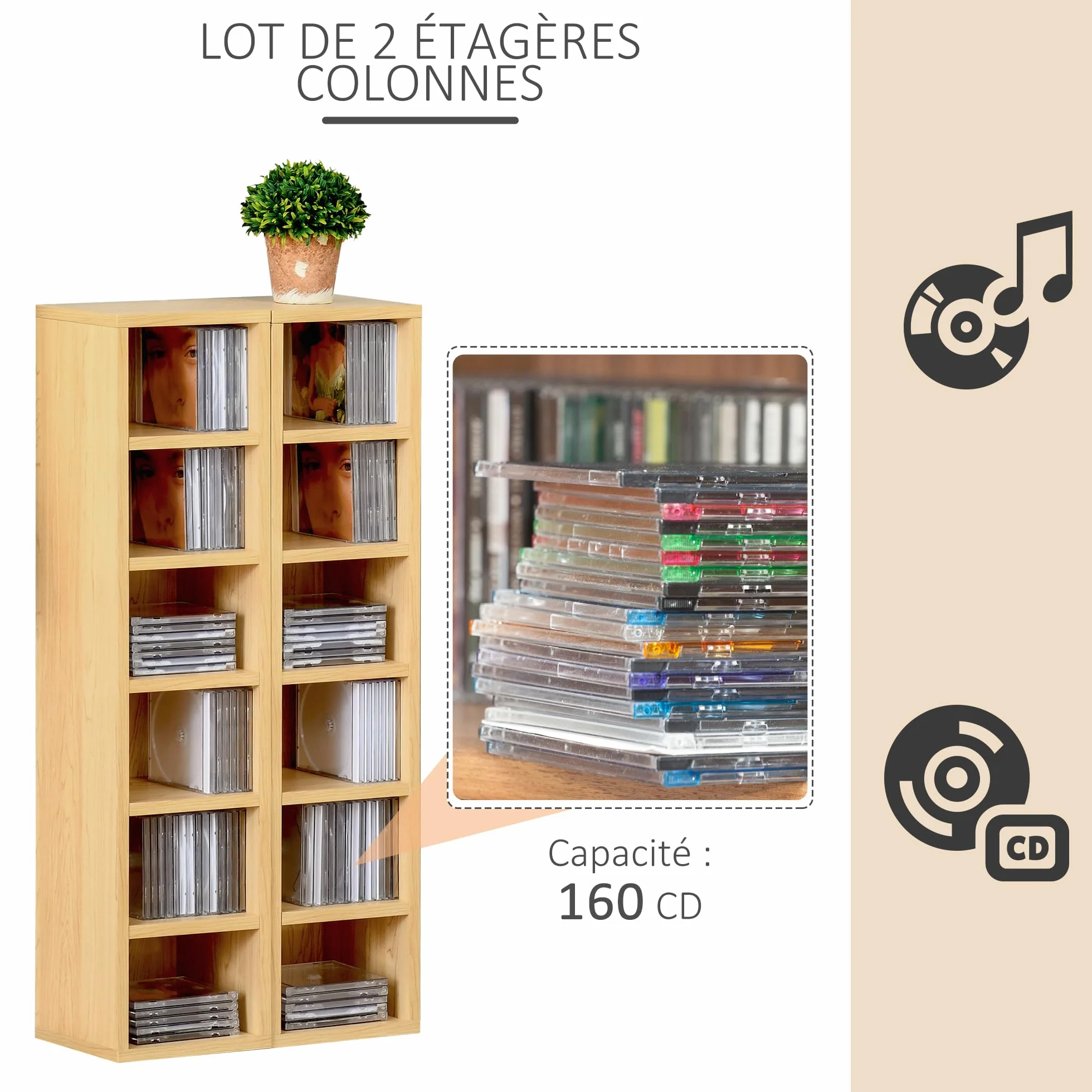 HOMCOM Zestaw 2 regałów kolumnowych, szafka na płyty CD DVD, 6+6 przegródek, 21x19x88 cm, maks. 160 płyt CD, kolor buk