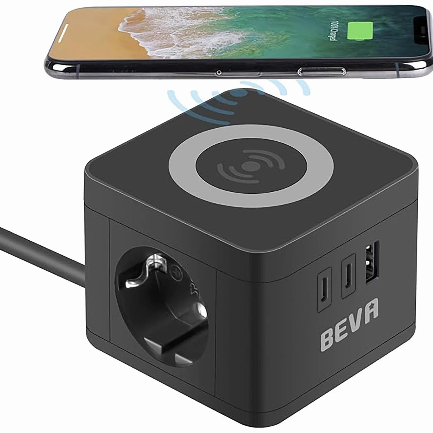 Socket Cube, BEVA Cube Kostka z 2 gniazdami +2 USB C+1 USB-A, z funkcją ładowania bezprzewodowego, ładowarka do telefonu komórkowego, w podróży, gospodarstwie domowym i biurze,czarna