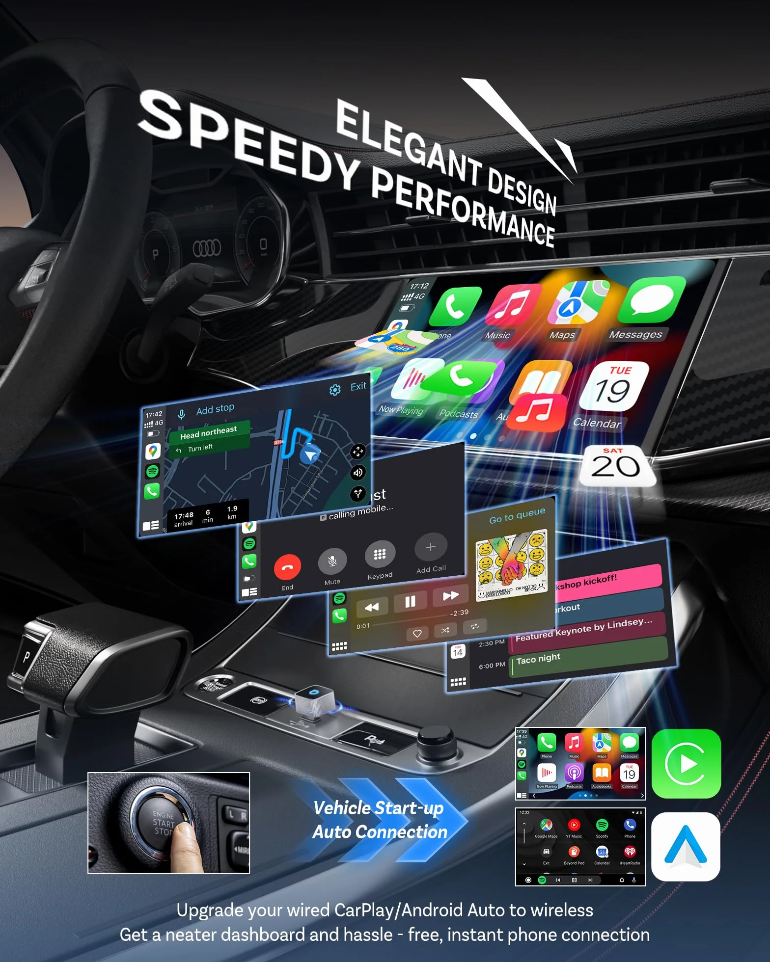 OTTOCAST Mini Cube 3.0 USB C bezprzewodowy adapter CarPlay Android Auto 2026 - Plug & Play srebrny