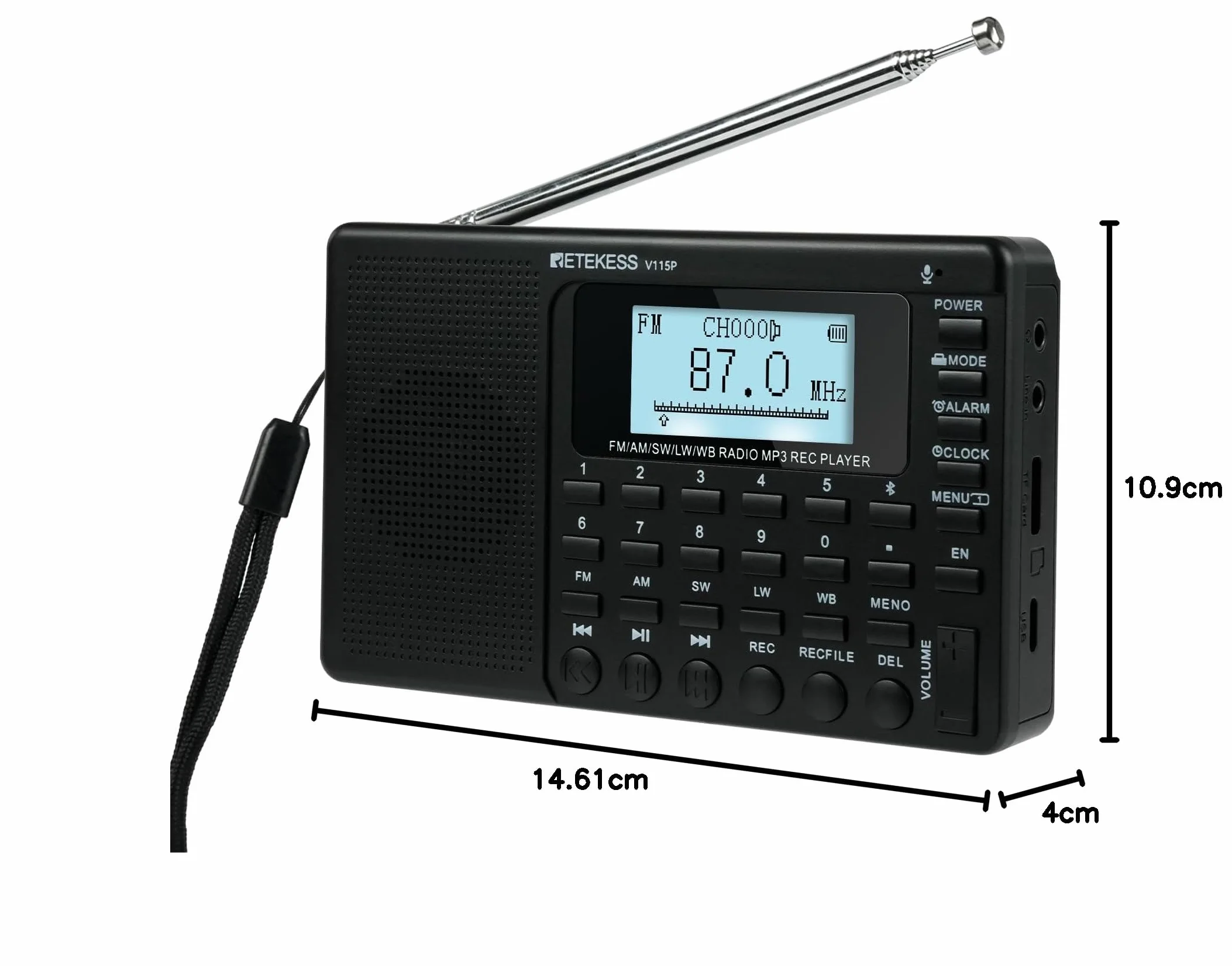 Retekess V115P Przenośne Radio, AM FM SW, akumulator 1800 mAh, wejście TF/AUX, nagrywanie, latarka, timer uśpienia, budzik, odpowiednie na wypadek sytuacji awaryjnych, na kemping