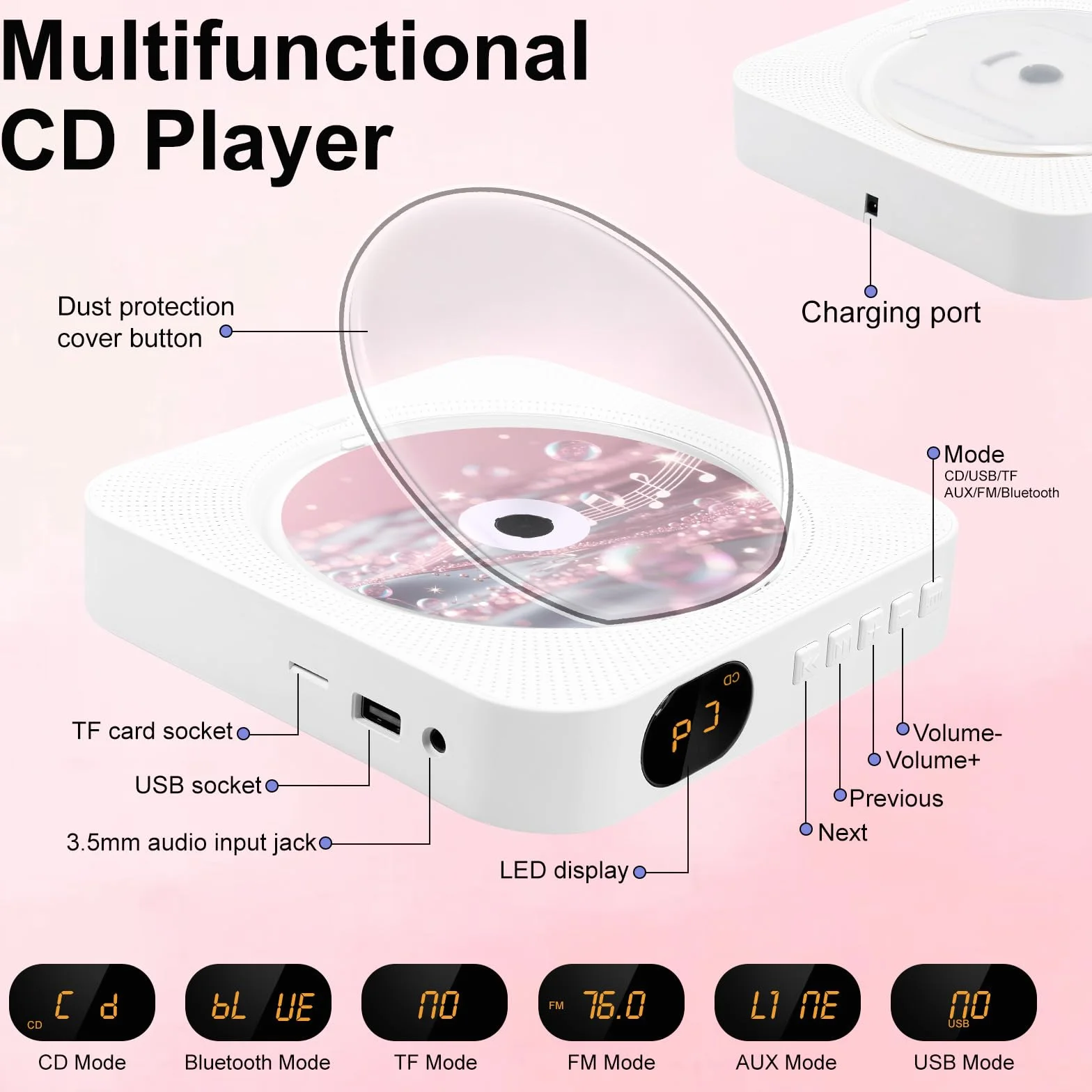 Odtwarzacz CD z Radio Boombox - Canareen Upgrade Odtwarzacz CD Bluetooth z osłoną przeciwpyłową i ekranem LED | Gniazdo AUX 3,5 mm z pilotem Domowe audio Radio FM USB MP3 odtwarzacz muzyki (Biały)