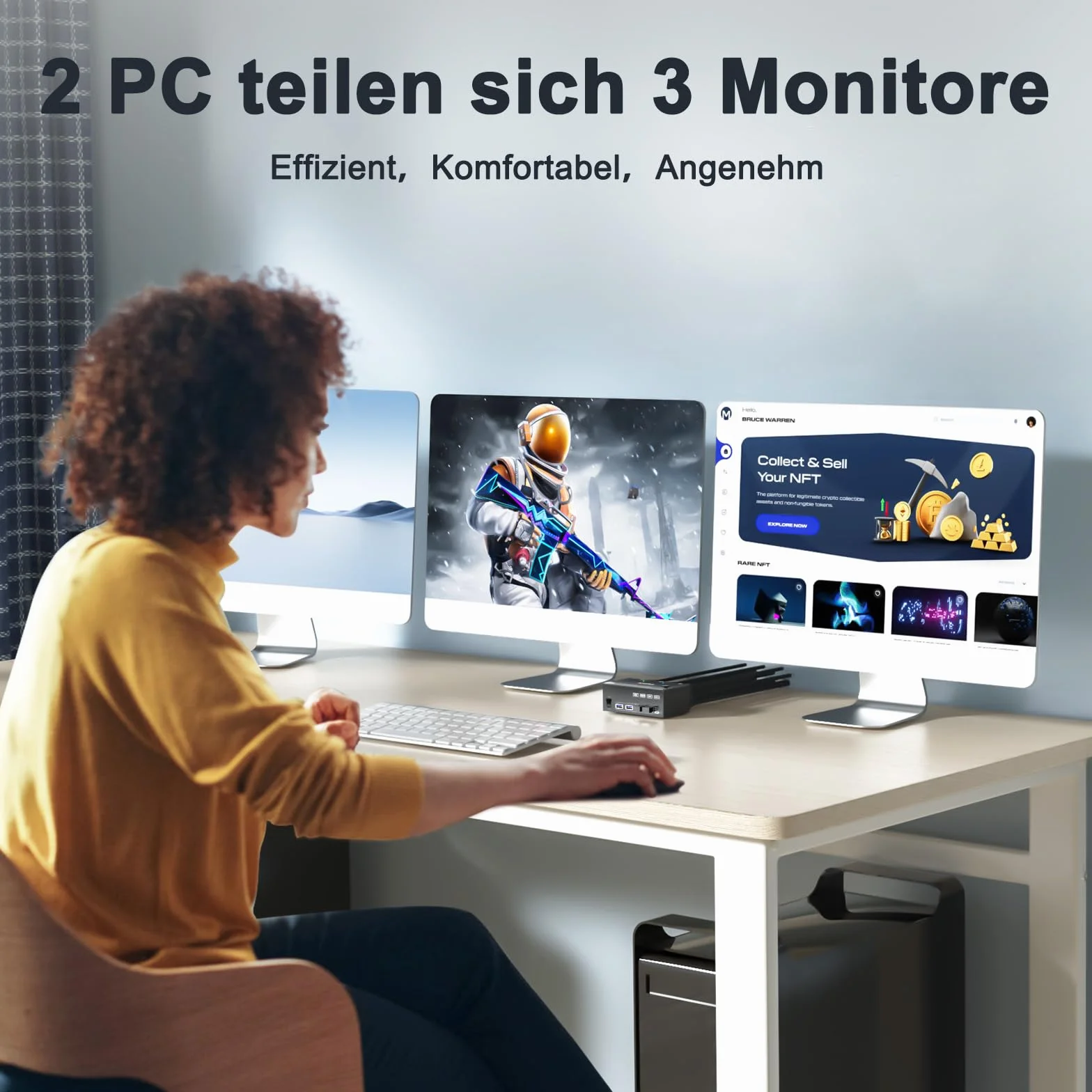 KVM Switch 2 Computers 3 Monitors 8K@60Hz 4K@144Hz, MLEEDA HDMI + 2 Displayport 3 Monitor KVM Switch 2 Computers Dzielenia 3 Monitors i 4 Porty USB 3.0, z Adapter Zasilania, Przewodowy Pilot i 5 Kable