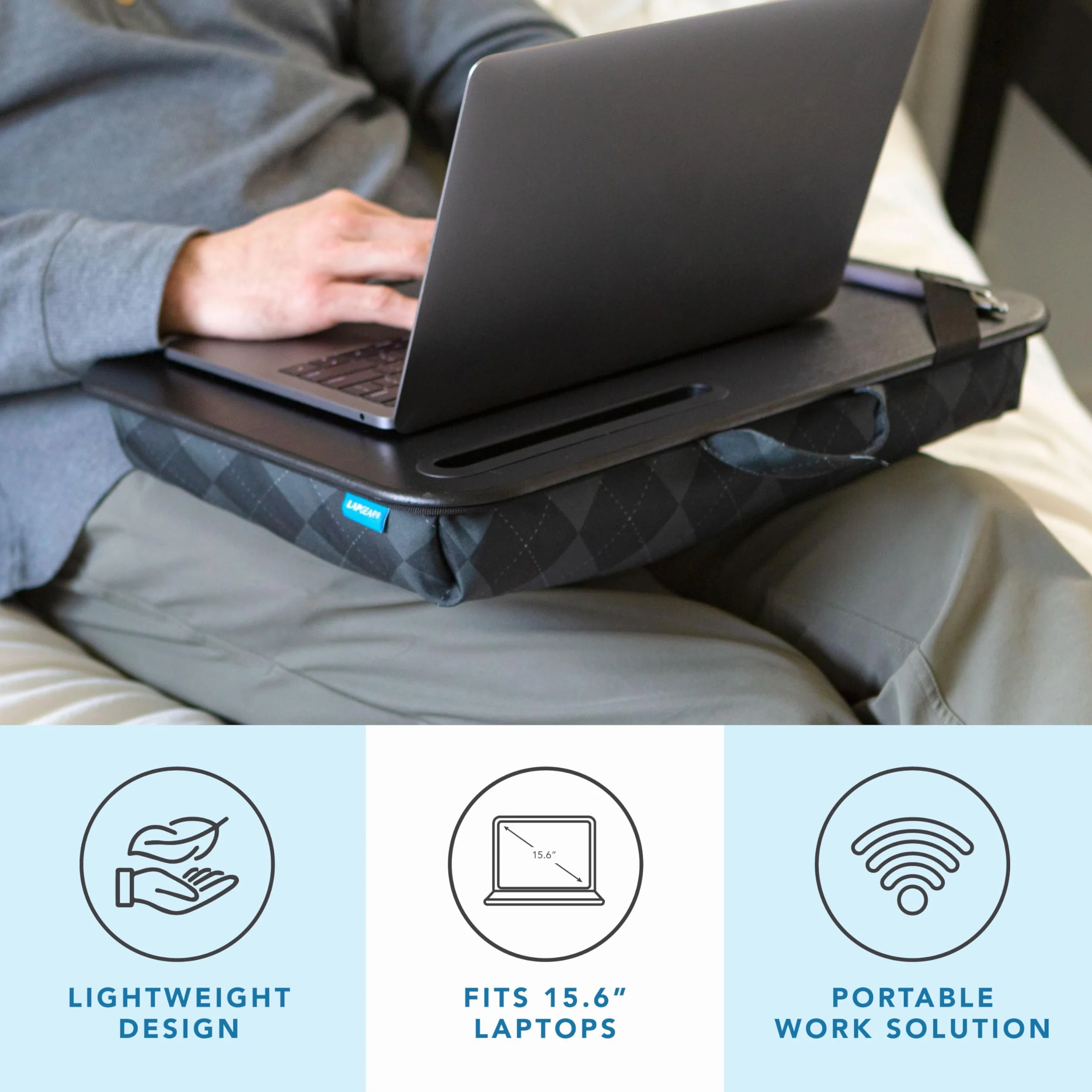 LapGear Designerskie biurko na kolana z uchwytem na telefon i półką urządzenia - szary argyle - pasuje do laptopów o przekątnej do 15,6 cala - styl nr 45438