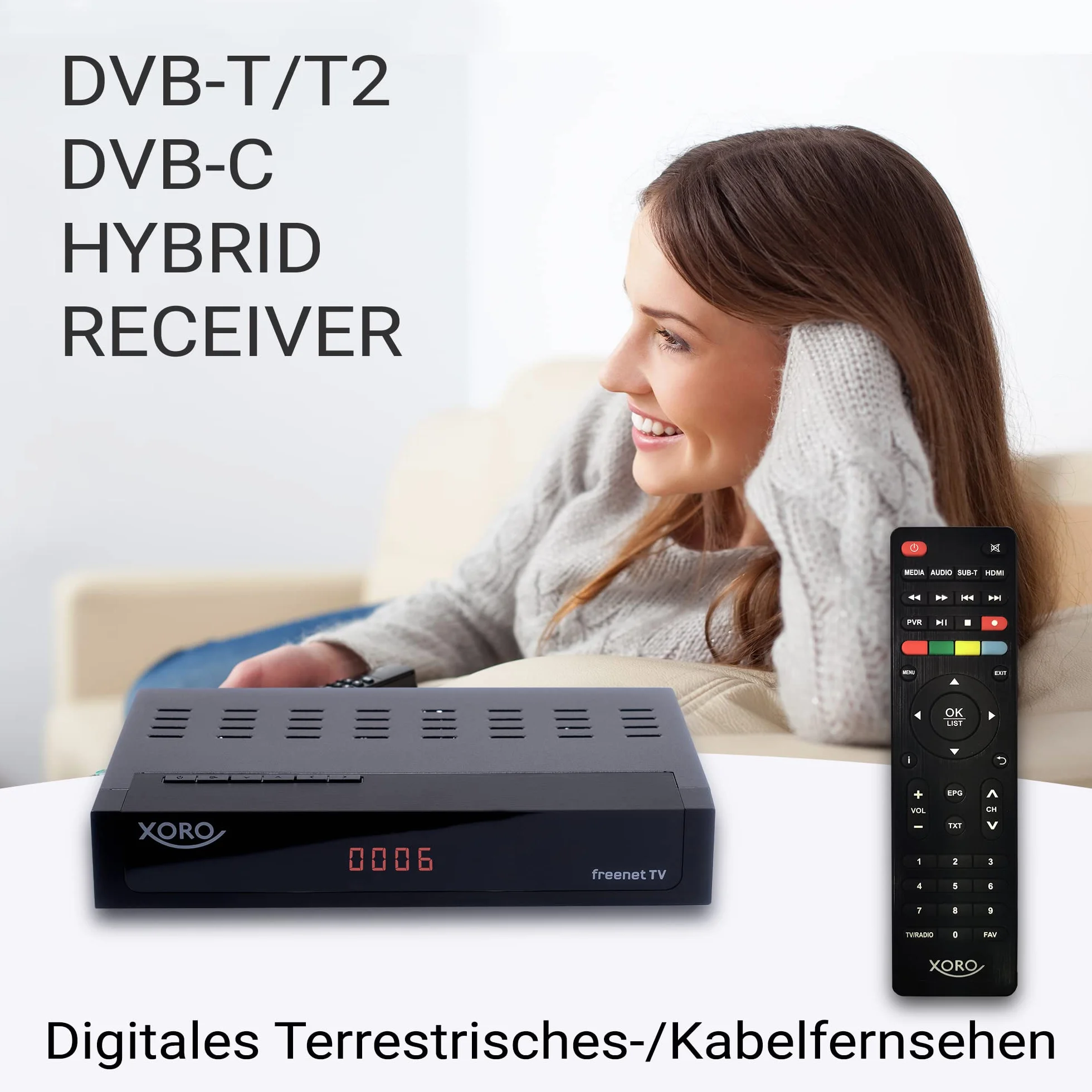 XORO HRT 8770 Twin - DVB-C/DVB-T2 FullHD Combo, zintegrowany system odszyfrowywania telewizji Freenet, podwójny tuner (dwa elementy odbiorcze), gotowość PVR, przesunięcie czasu