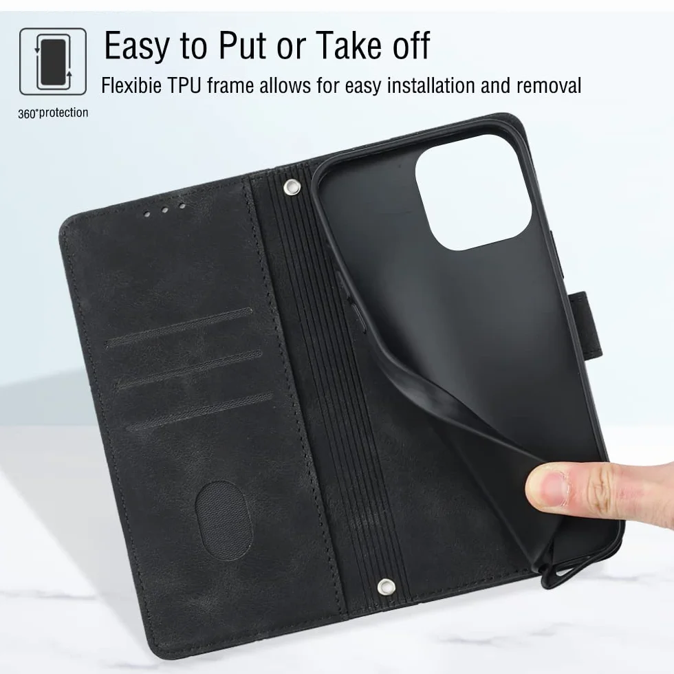 Etui kompatybilne z Samsung Galaxy A7 2018/A750, etui typu crossbody do Samsung Galaxy A7 2018/A750, magnetyczne etui z klapką, z regulowaną smyczą na szyję, smycz, przegródki na karty (czarne)