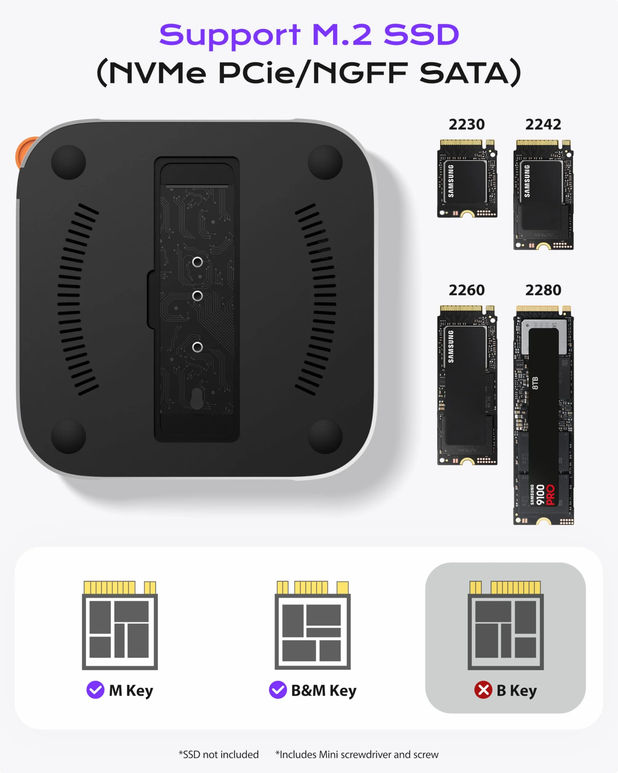 Stacja dokująca Stouchi Mac mini M4 z obudową SSD NVMe, podstawką i hubem M4 z 2 portami USB A 10 Gb/s, czytnikami kart SD/TF, HDMI 4K@60HZ, 2 portami USB A do transmisji danych, gniazdem audio 3,5 mm
