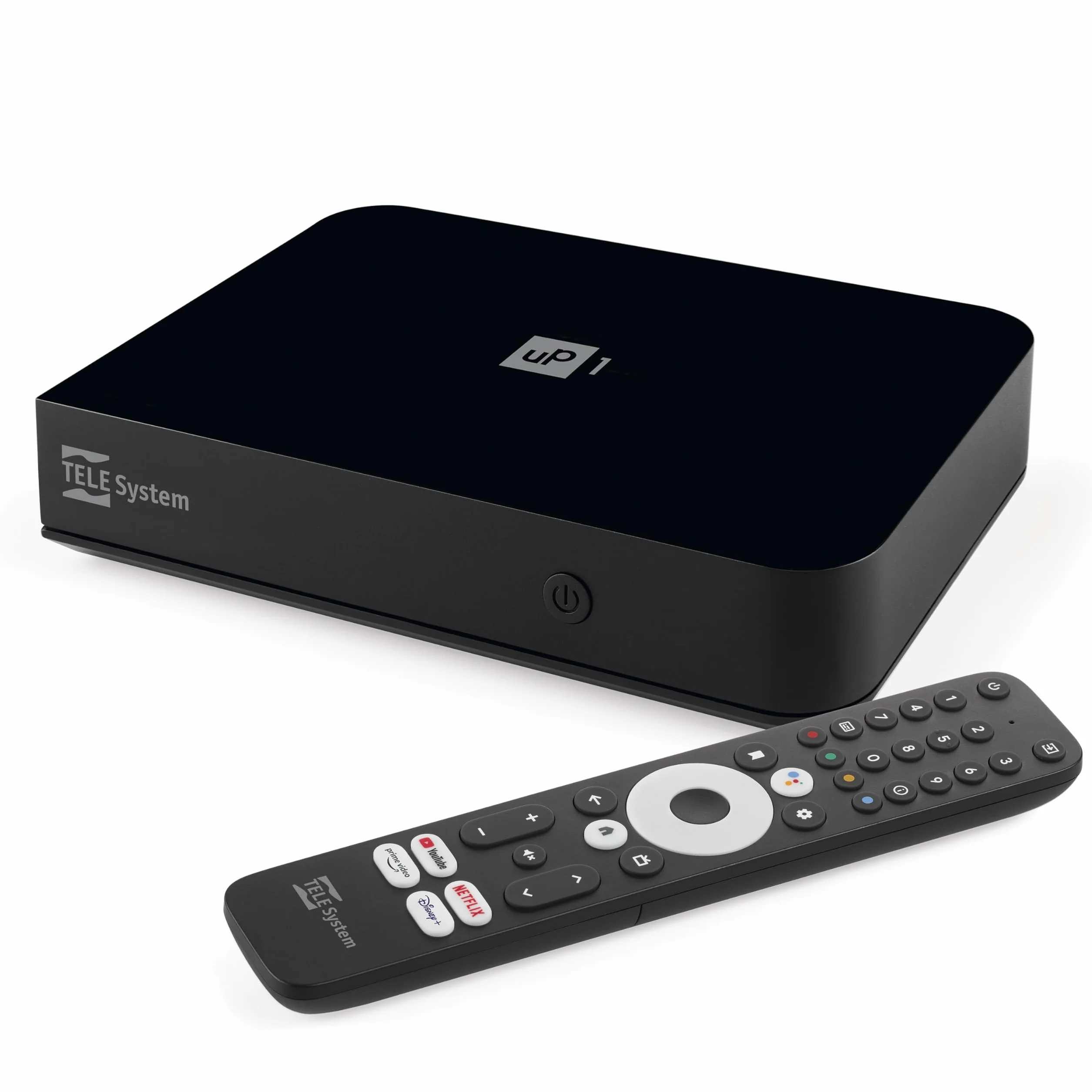 TELE System UP1 Cyfrowy dekoder naziemny Android TV Ultra HD DVB-T2 HEVC HDR10+ HLG AV1 HDMI SCART
