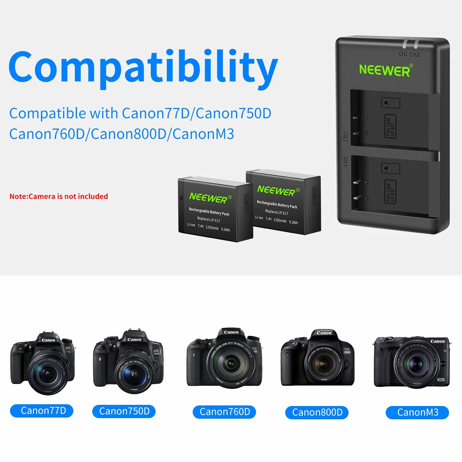 NEEWER 2-Pack LP-E17 Bateria zapasowa i podwójna ładowarka USB do Canon EOS R8 R10 R50 RP 77D 750D 760D 800D M6 II M6 M5 M3 Rebel SL2 SL3 T6i T6s T7i T8i