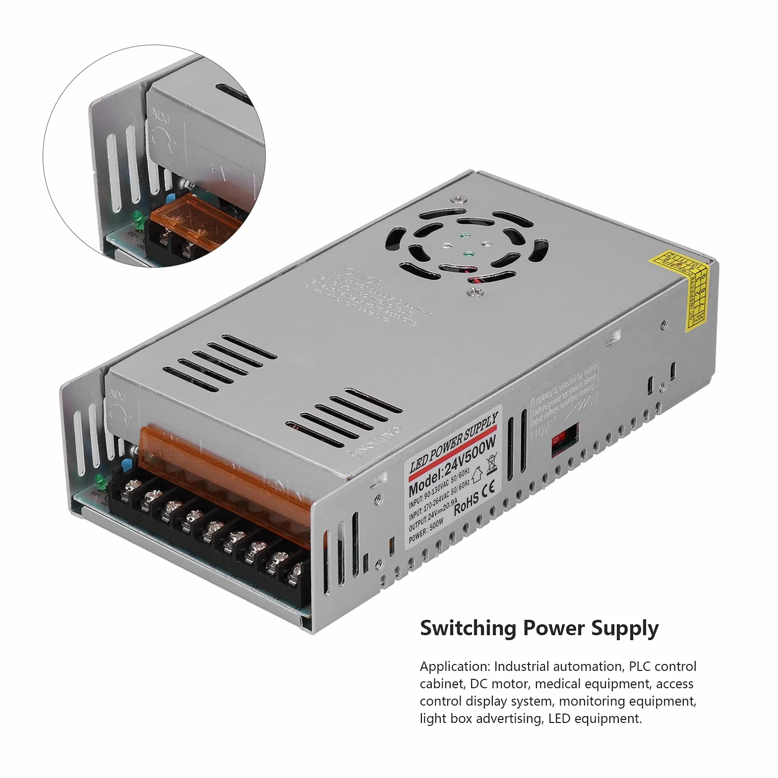 Garosa 500W 24 V 20,9A Zasilanie, Stop Aluminium, Otwory Rozpraszania Ciepła, Pokrycie Bezpieczeństwa, Automatyzacja Przemysłowa PLC Control Concert, do Automatyzacji Przemysłowej, PLC