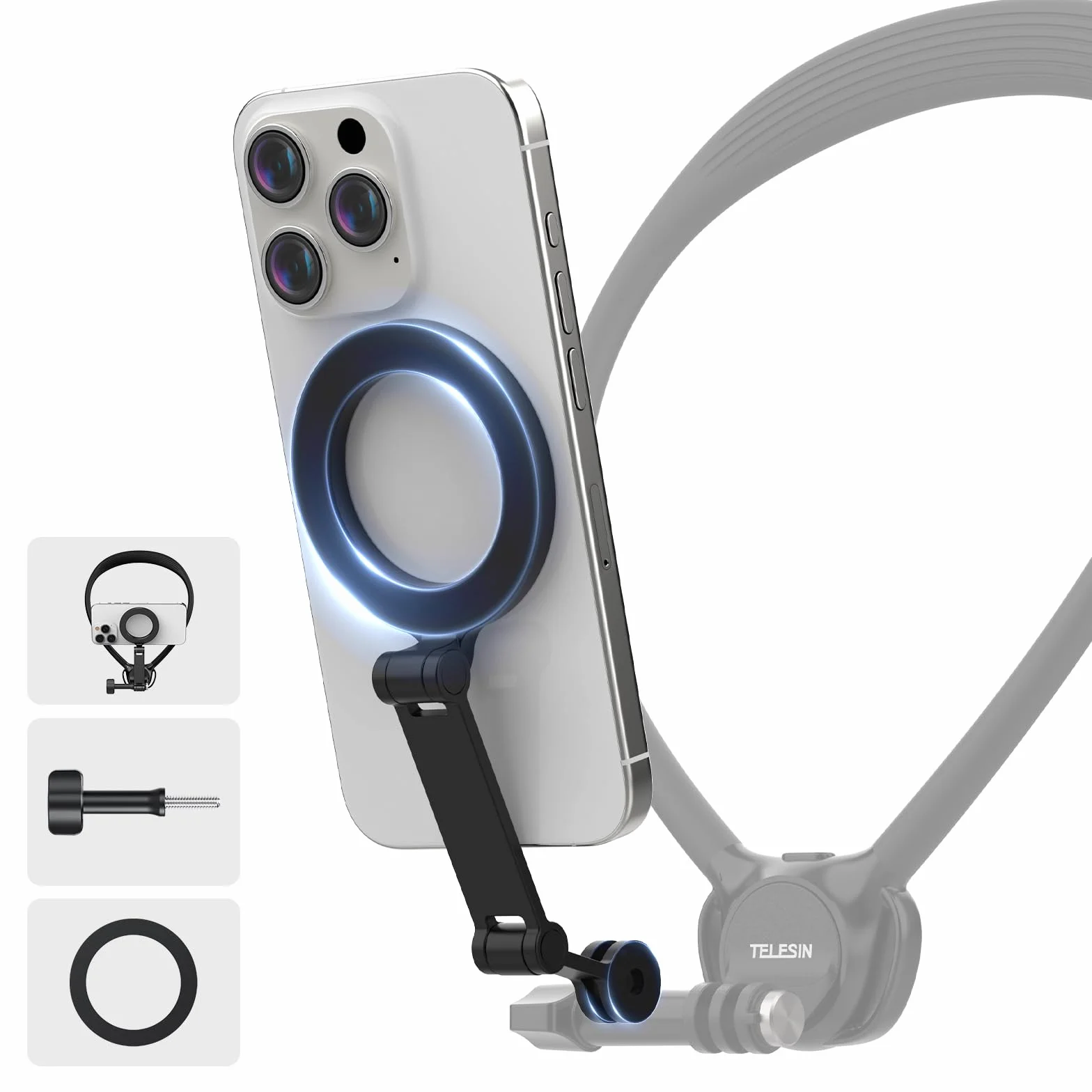 TELESIN Magnetyczny uchwyt na telefon iPhone z systemem Android, trzyczęściowy drążek obrotowy, uchwyt do selfie POV/Vlog, akcesoria rozszerzające do pasów piersiowych, telefon komórkowy, z linką