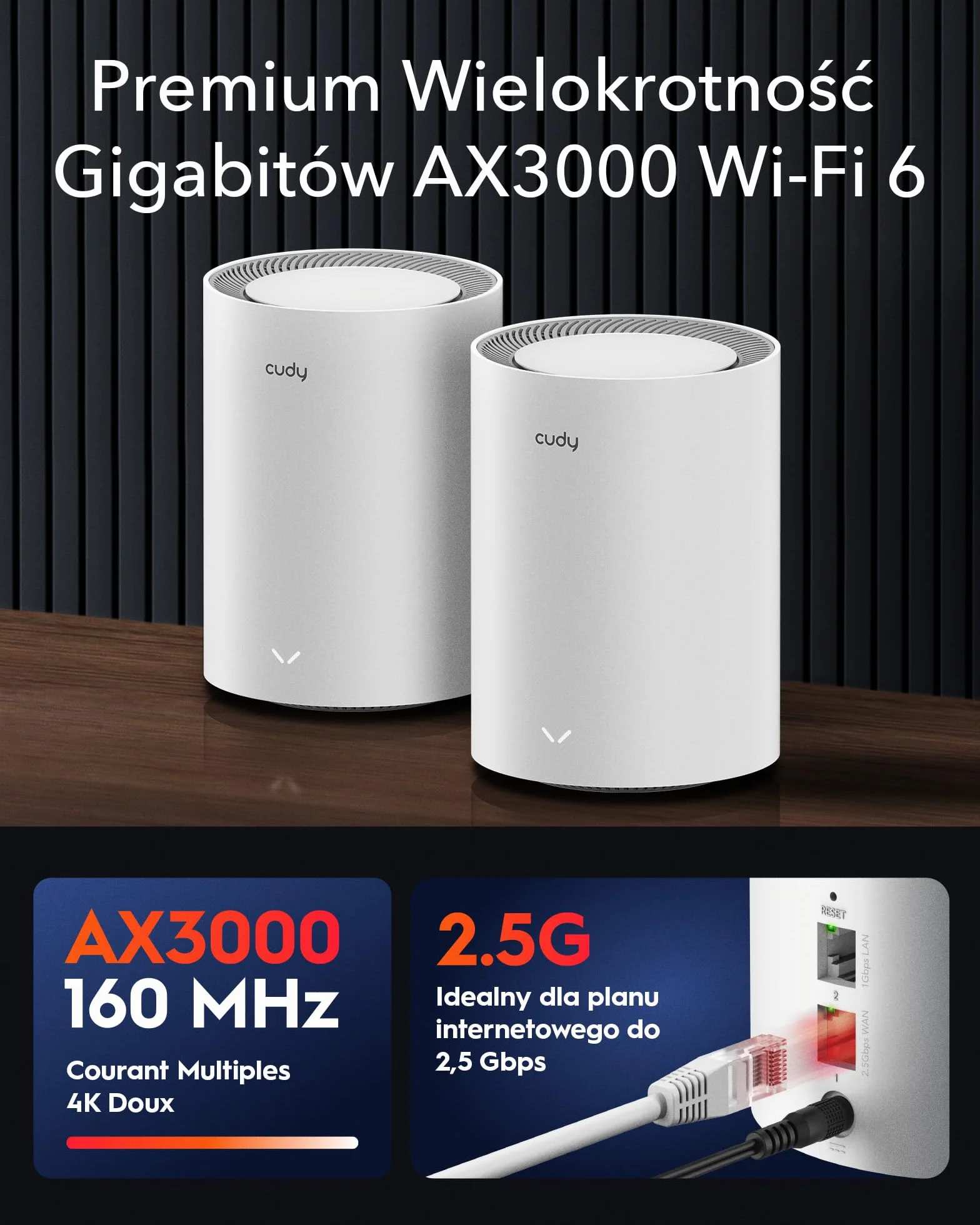 Cudy AX3000 2.5G System Wi-Fi 6 Mesh Dla Całego Domu, Idealny dla Internetu 1Gig+, Wireguard, OpenVPN, Zerotier, Opakowanie, M3000 1-Pack (M3000 1-Pack V2.0)