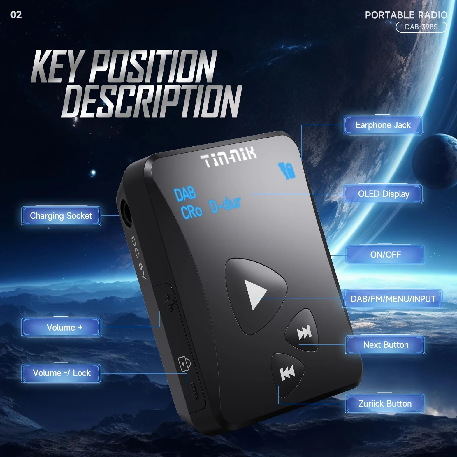 Tin-Nik DAB-398S Przenośne Radio DAB/DAB+ RDS FM Cyfrowe Mini-Radio z Akumulatorem i OLED