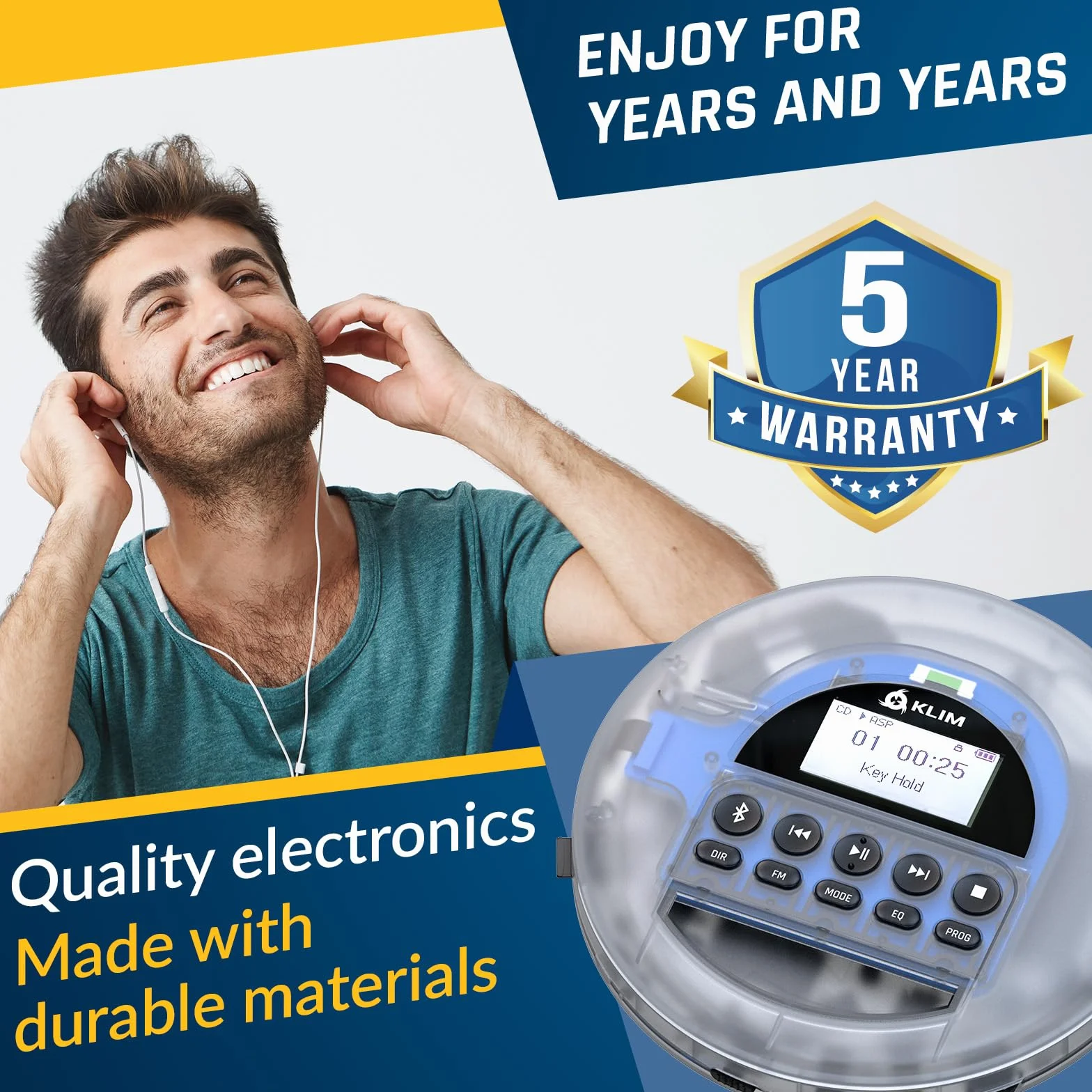 KLIM Nomad Transparent - NOWY - Przenośny odtwarzacz CD z długotrwałą baterią - w zestawie słuchawki - Radio FM - Przenośny odtwarzacz MP3 CD - Radio FM z kartą TF Bluetooth - Idealny do samochodów