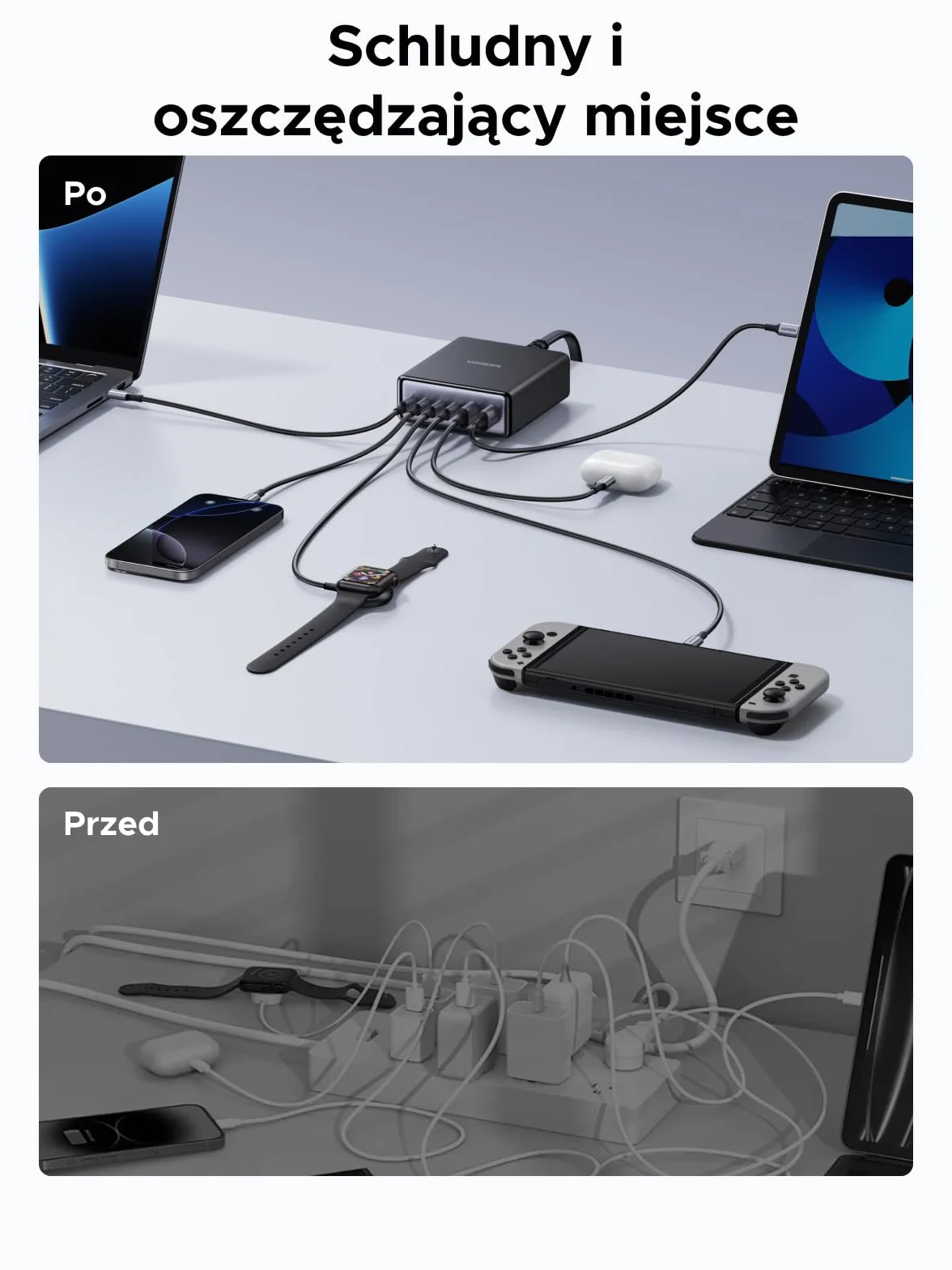 Ładowarka USB-C UGREEN 100 W, 6-portowa stacja ładująca, zasilacz GaN 65 W, szybka ładowarka PPS, uniwersalna, kompatybilna z MacBookiem Pro/Air, serią iPhone 17-8, Galaxy S25, A15, Pixel 9, iPad