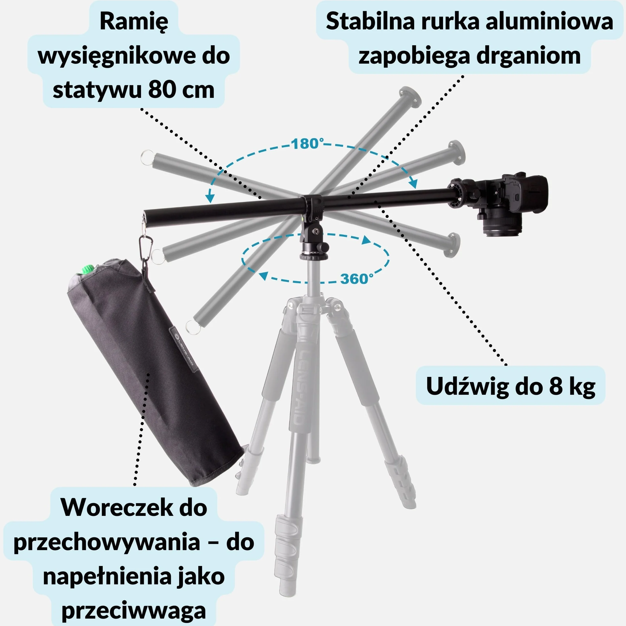 Lens-Aid statyw do stojaka na stół i makro – rozkładane ramię kamery 58 cm z hakiem przeciwwagi i przyłączem 3/8 – do fotografii płaskiej i nad głową