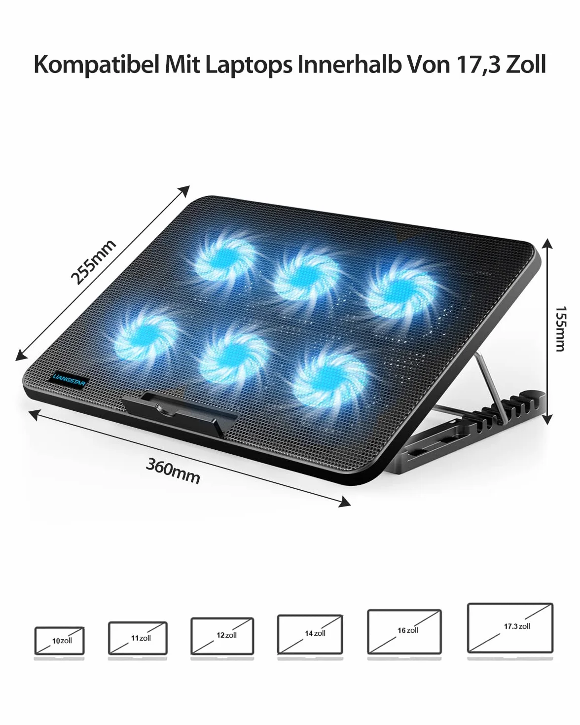 LIANGSTAR Podkładka chłodząca do laptopa, chłodziarka do laptopa z 6 cichymi wentylatorami o prędkości 2100 obr./min, stojak na laptopa z uchwytem na telefon, 7 regulacji wysokości i zasilanie USB