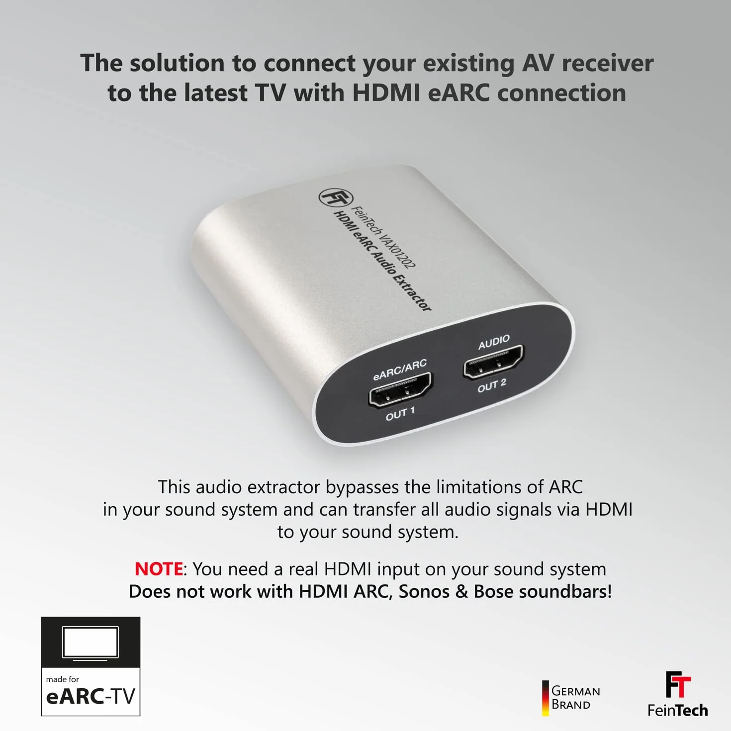 FeinTech eARC VAX01202 1x2 Ekstraktor audio HDMI do nowoczesnych telewizorów dostarczających Dolby Atmos TrueHD DTS-HD do odbiornika AV, 5 V DC || 500 mA || 1.75 W