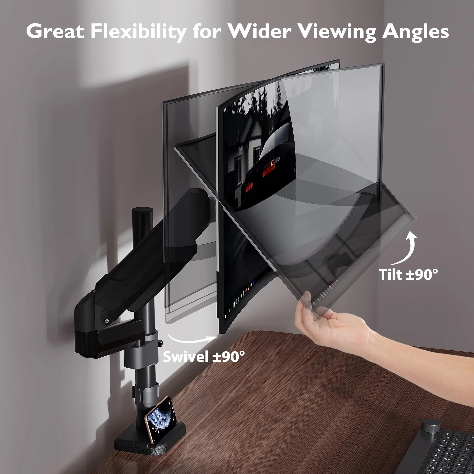 BONTEC Regulowany pojedynczy uchwyt do monitora 13–34 cale, ergonomiczny stojak z ramieniem na sprężynie gazowej i słupkiem, udźwig 9 kg, VESA 75x75mm i 100x100mm