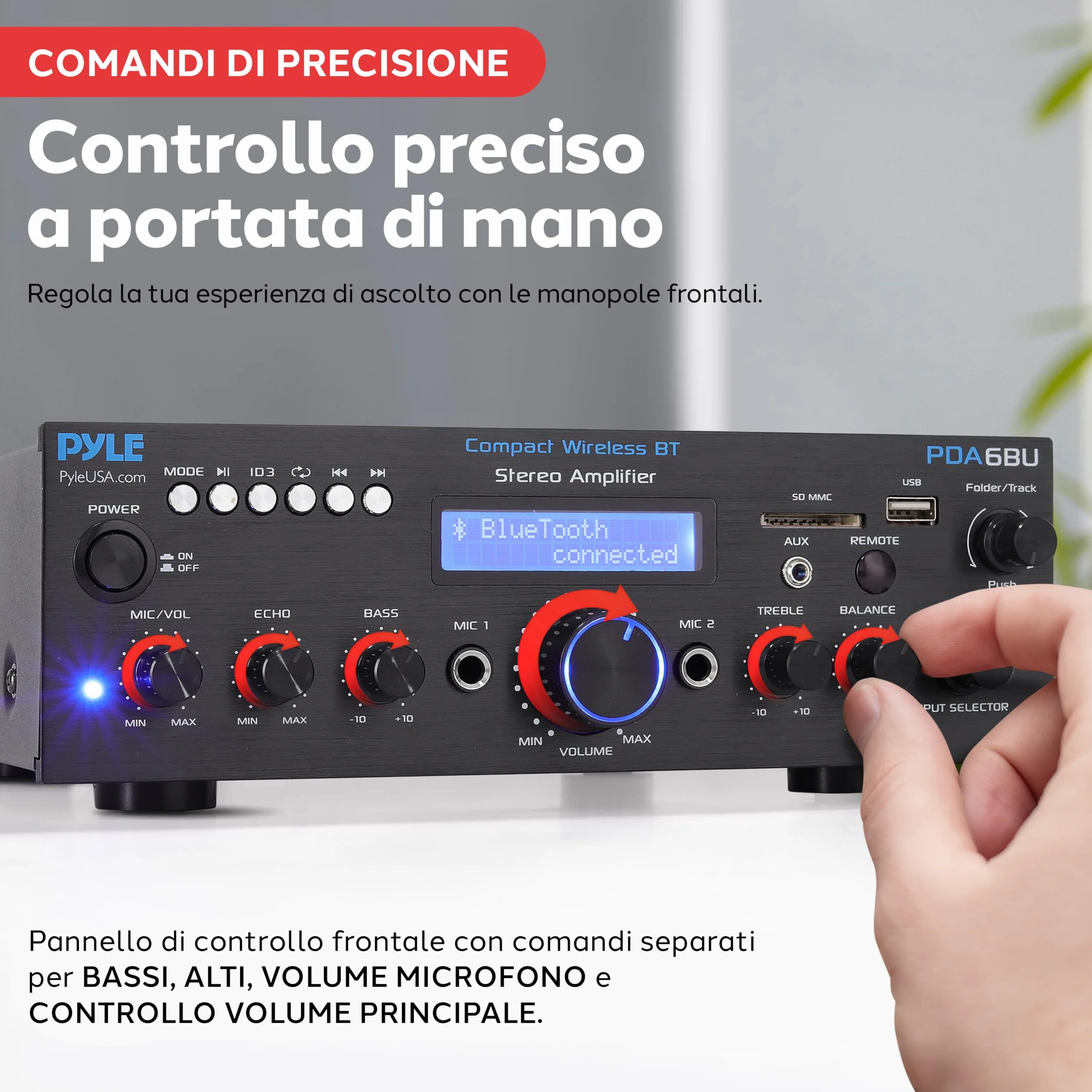Pyle PDA6BU 200W Dual Channel Bluetooth Power Amplifier System w/ USB SD AUX MIC Echo Radio LCD