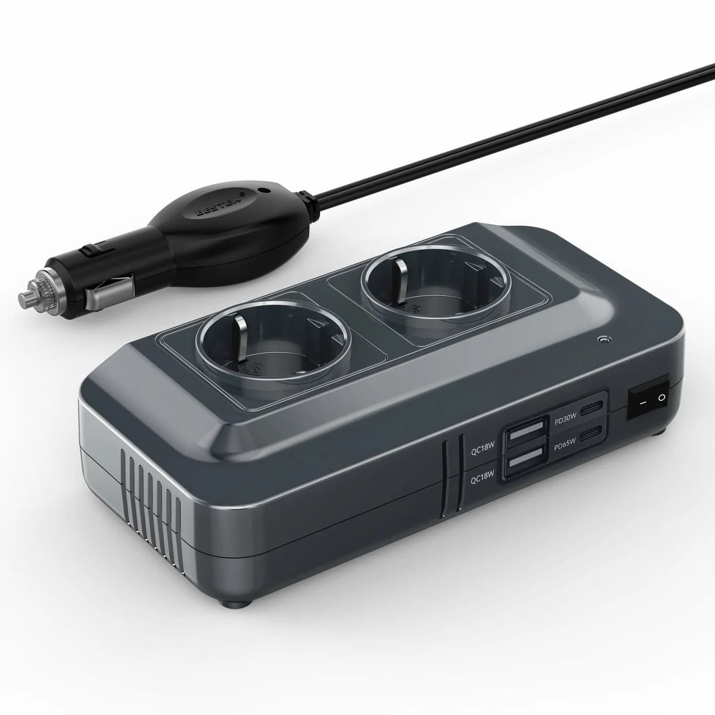 BESTEK samochodowa przetwornica napięcia 200 W 12 V na 230 V falownik z 2 gniazdami i 4 USB czarny